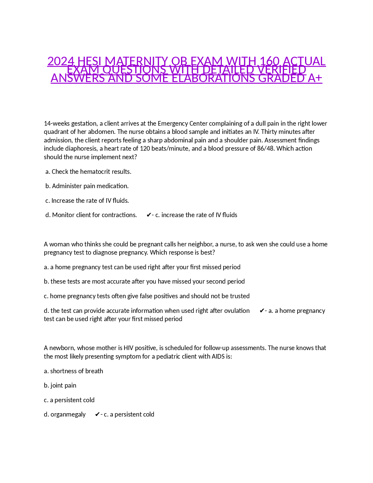 Recommended document preview for 2024 HESI MATERNITY OB EXAM WITH 160 ACTUAL EXAM QUESTIONS WITH DETAILED VERIFIED ANSWERS AND SOME ELABORATIONS GRADED A+