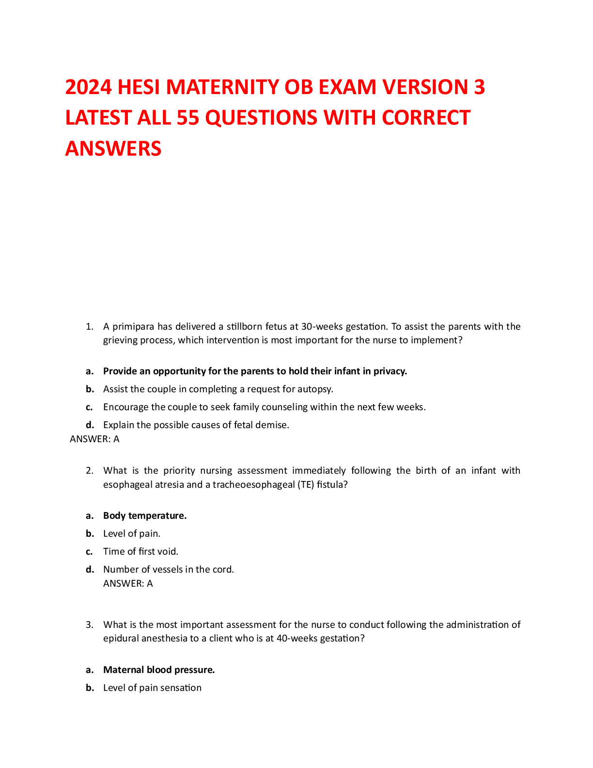 Preview of 2024 HESI MATERNITY OB EXAM VERSION 3 LATEST ALL 55 QUESTIONS WITH CORRECT ANSWERS