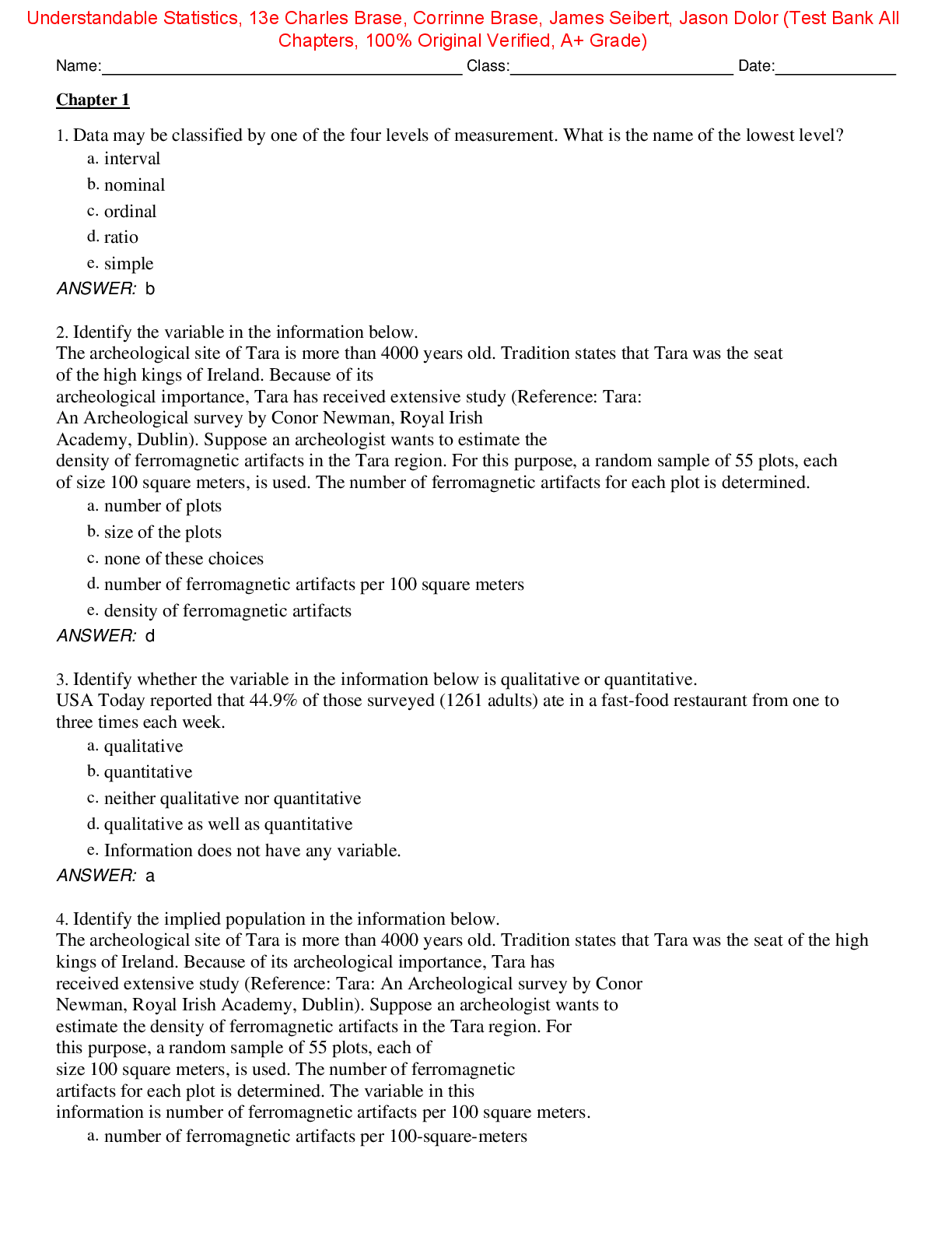Preview of Test Bank for Understandable Statistics, 13th Edition By Charles Brase, Corrinne Brase, James Seibert, Jason Dolor