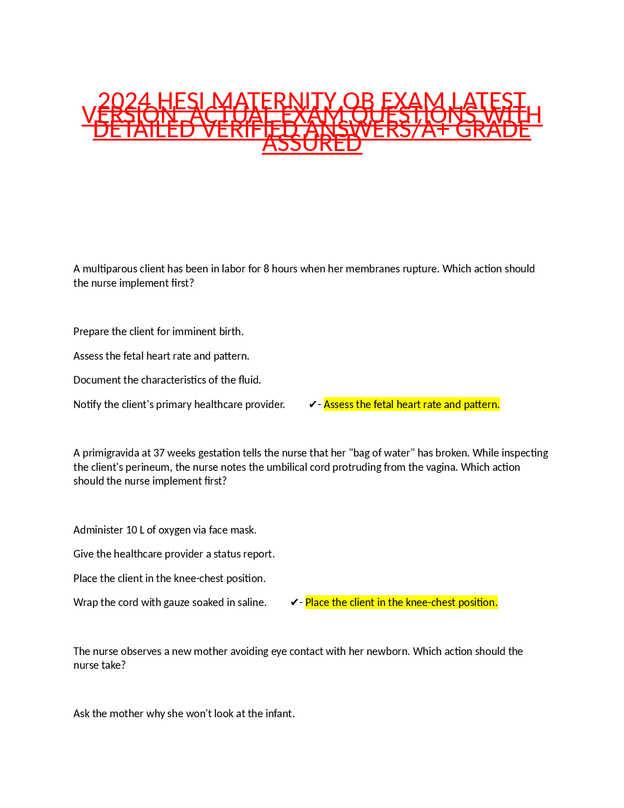 Preview of 2024 HESI MATERNITY OB EXAM LATEST VERSION ACTUAL EXAM QUESTIONS WITH DETAILED VERIFIED ANSWERSA+ GRADE ASSURED