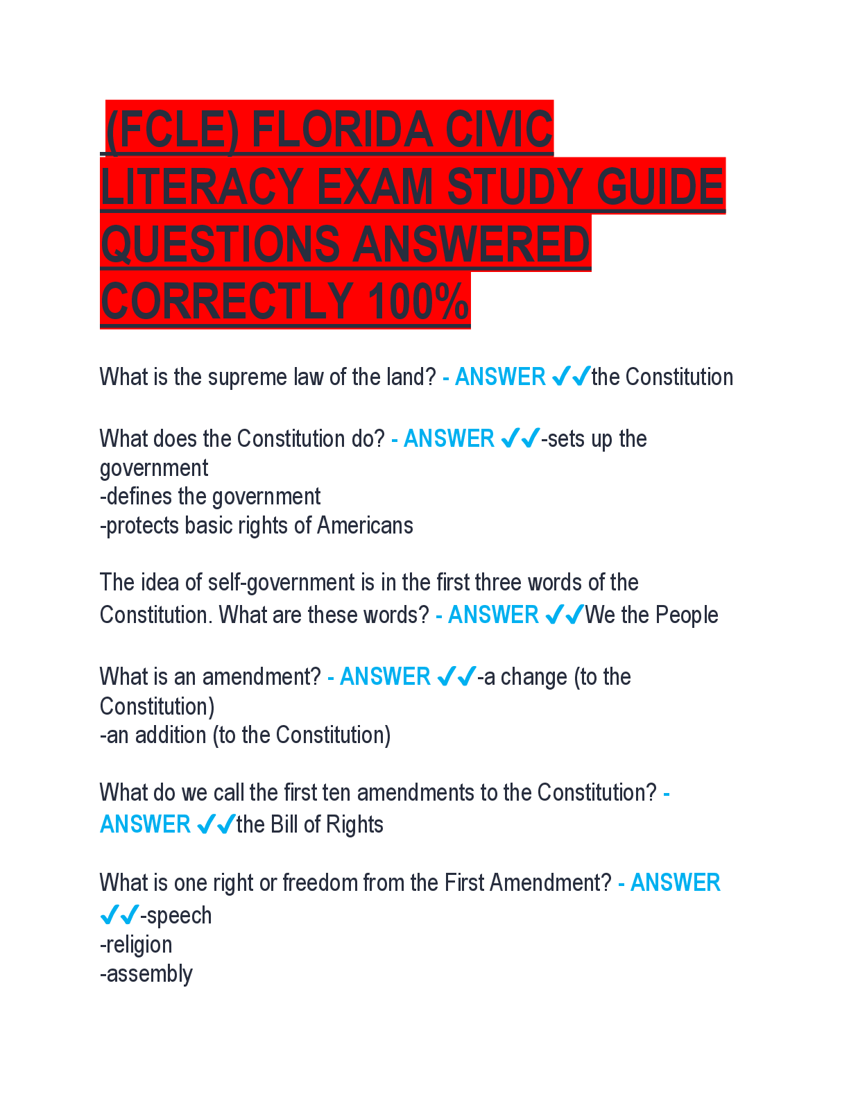 Preview of (FCLE) FLORIDA CIVIC LITERACY EXAM STUDY GUIDE QUESTIONS ANSWERED CORRECTLY 100%