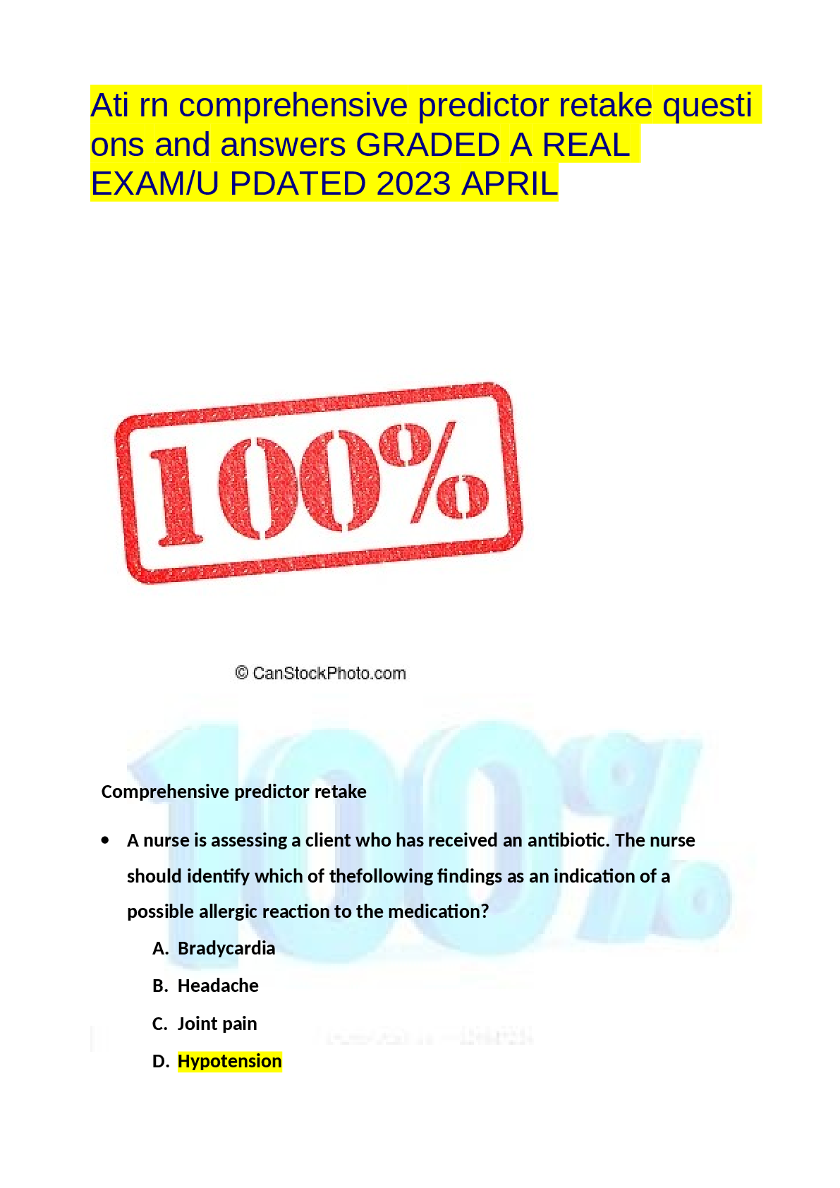 Preview of Ati rn comprehensive predictor retake questions and answers GRADED A REAL EXAM UPDATED 202