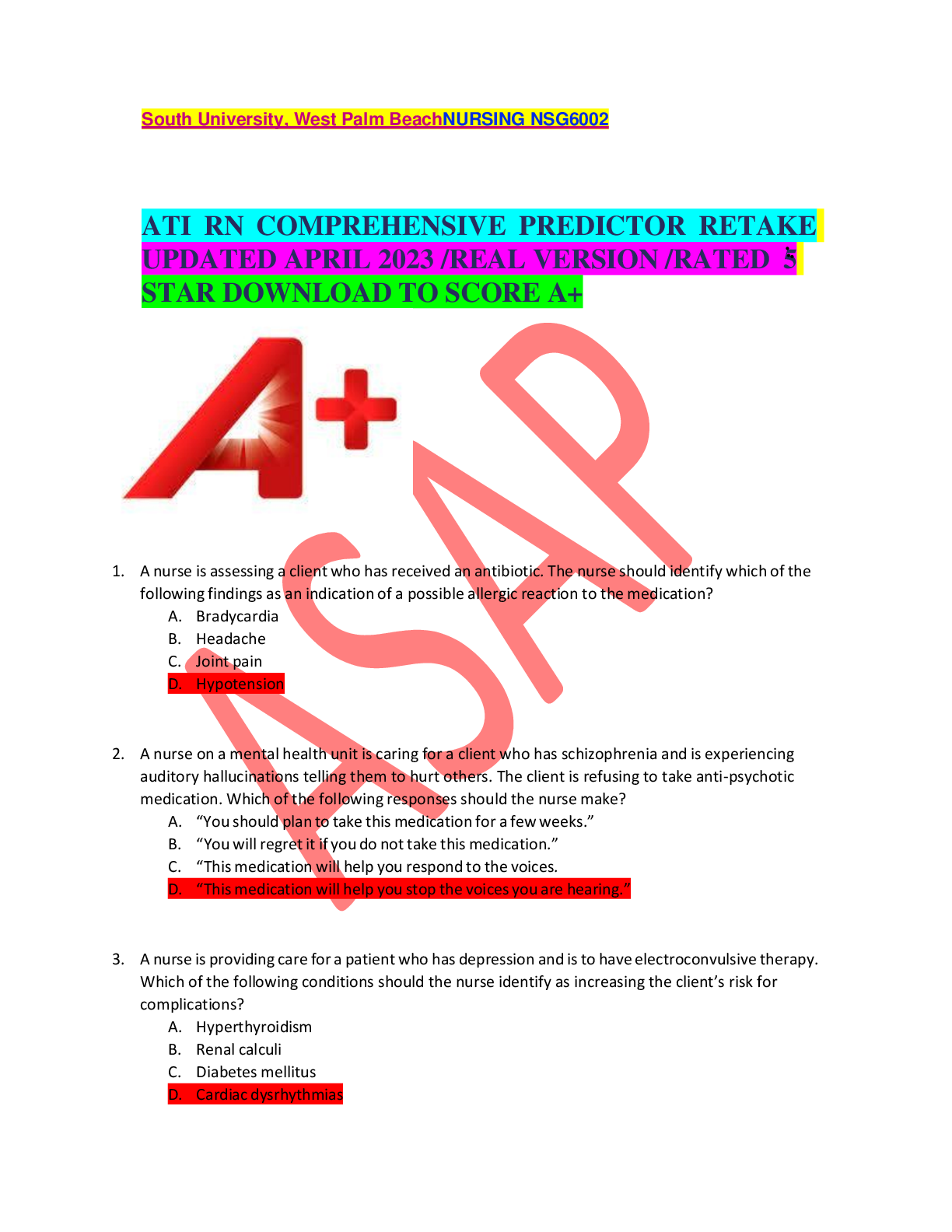 Recommended document preview for ATI RN COMPREHENSIVE PREDICTOR RETAKE UPDATED APRIL 2023 REAL VERSION RATED 5 STAR DOWNLOAD TO SCORE A+