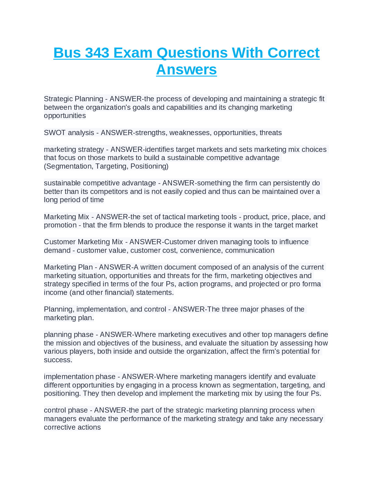 Preview of Bus 343 Exam Questions With Correct Answers