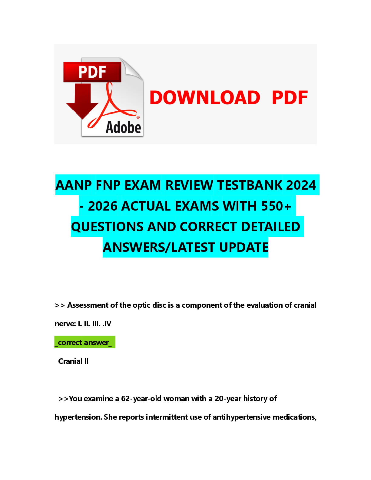 Preview of AANP FNP EXAM REVIEW TEST BANK 2024- 2026 ACTUAL EXAMS WITH 550+QUESTIONS AND CORRECT DETA