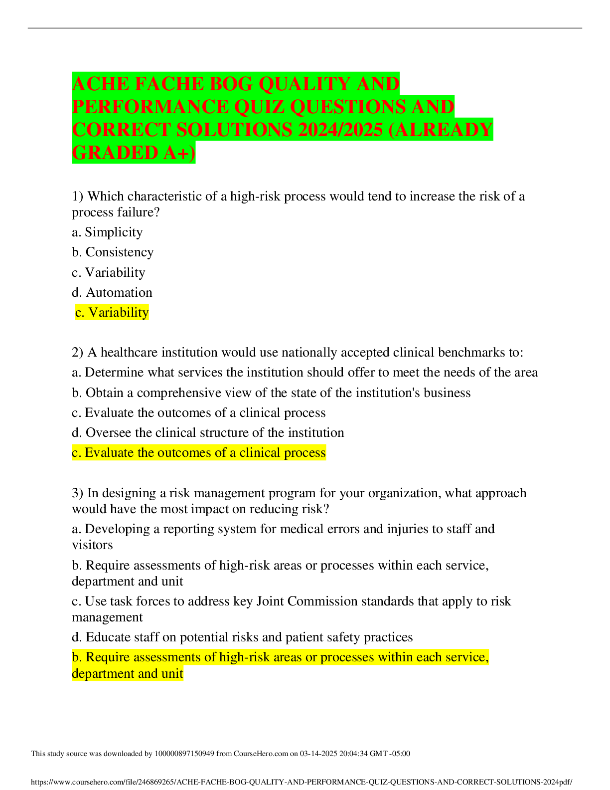 Preview of ACHE FACHE BOG QUALITY AND PERFORMANCE QUIZ QUESTIONS AND CORRECT SOLUTIONS 2024-2025 (ALR