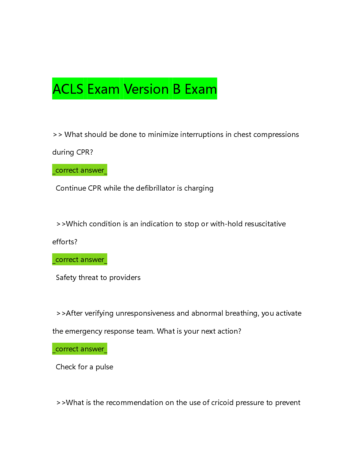 Preview image of ACLS Exam Version B Exam document