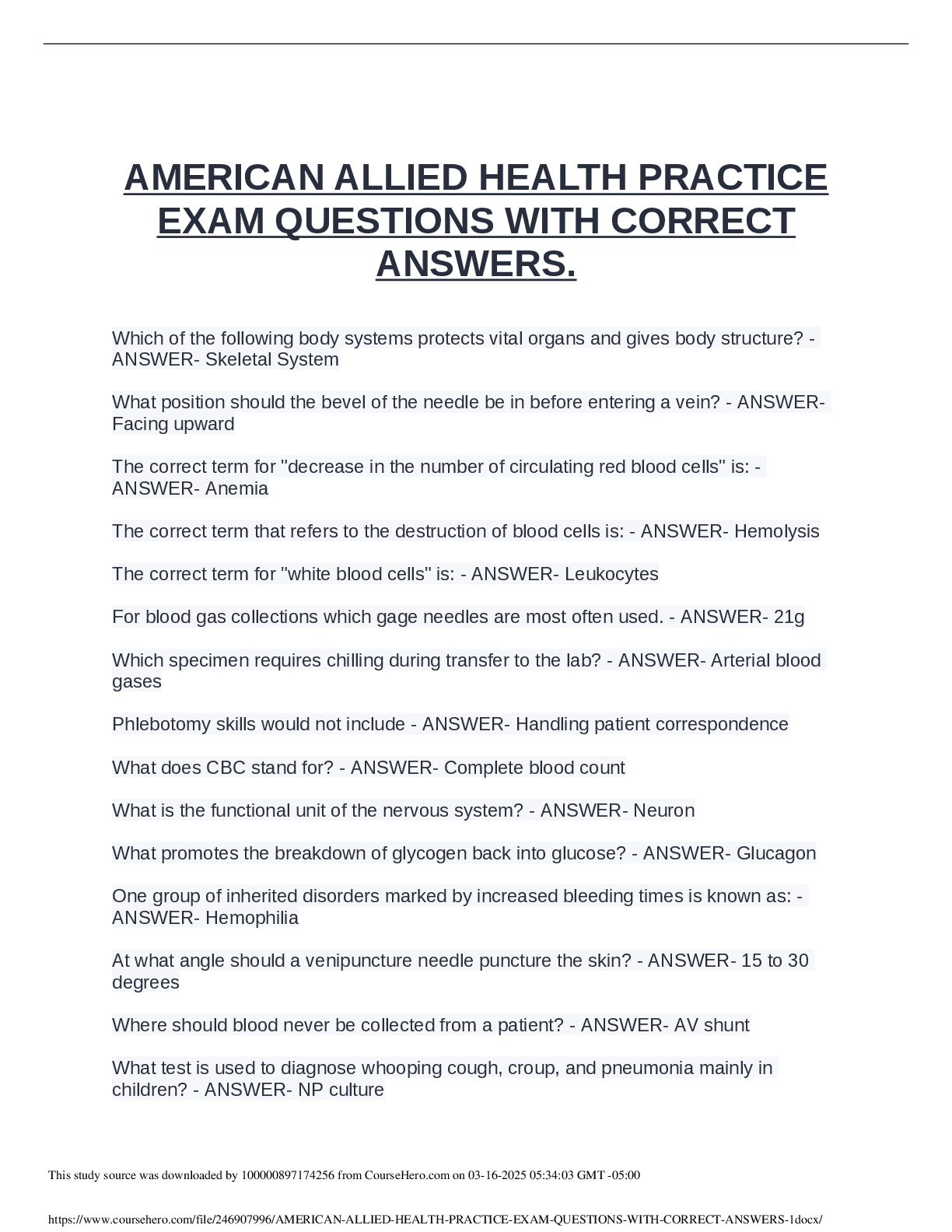 Preview of AMERICAN ALLIED HEALTH PRACTICE EXAM QUESTIONS WITH CORRECT ANSWERS.