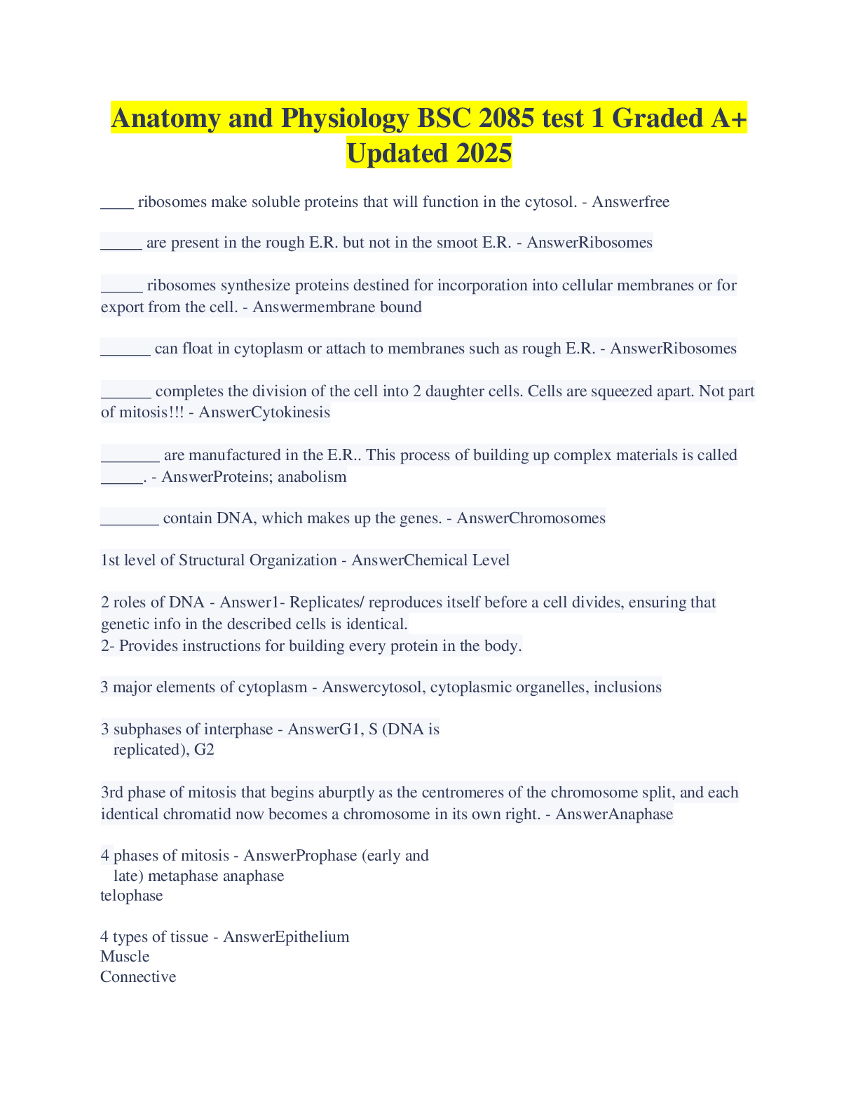 Preview of Anatomy and Physiology BSC 2085 test 1 Graded A+ Updated 2025