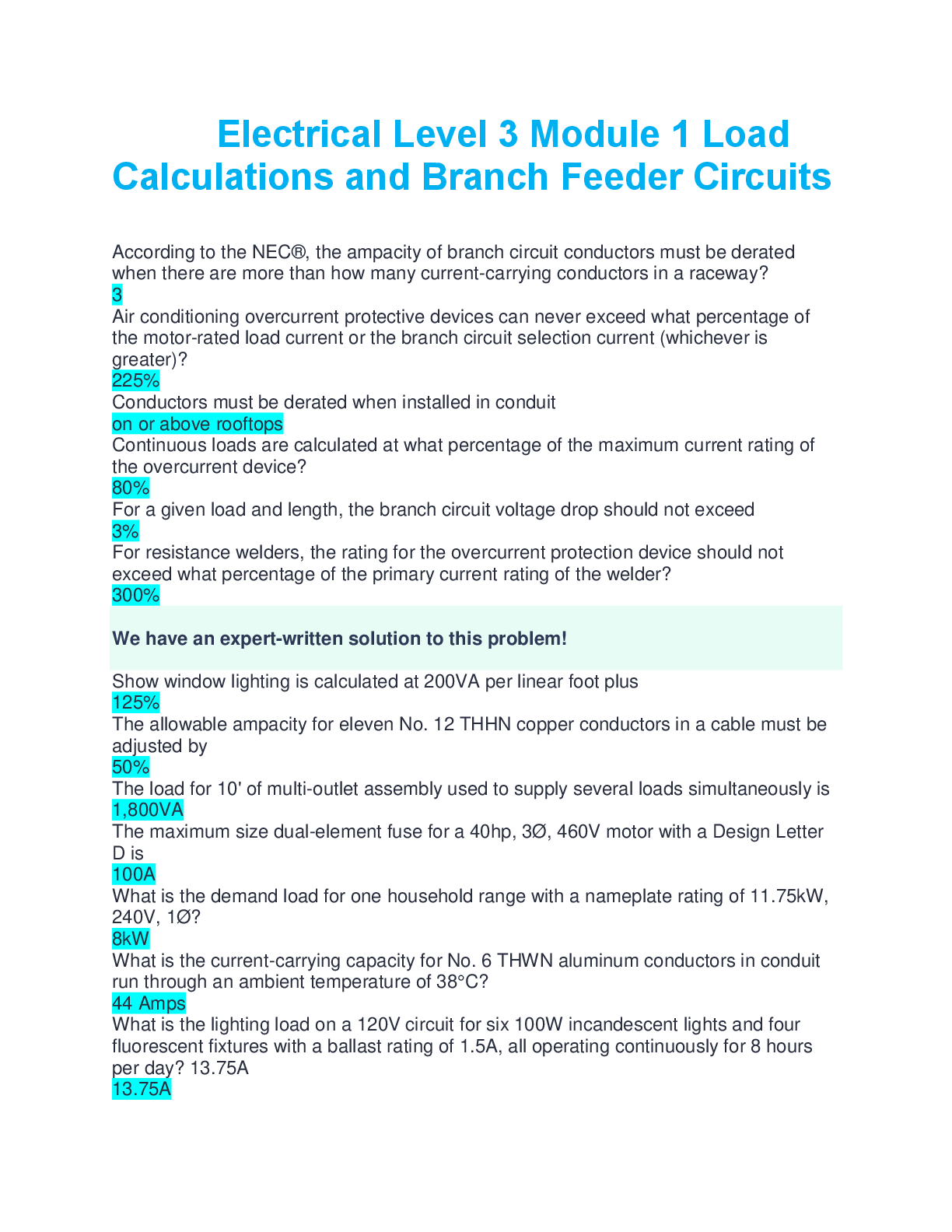 Electrical Level 3 Module 1 Load Calculations and Branch Feeder Circ ...