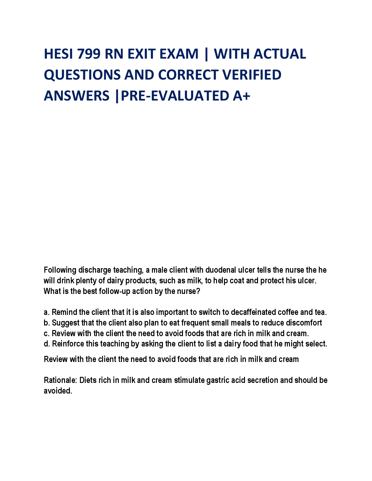 Preview of HESI 799 RN EXIT EXAM  WITH ACTUAL QUESTIONS AND CORRECT VERIFIED ANSWERS PRE-EVALUATED A+