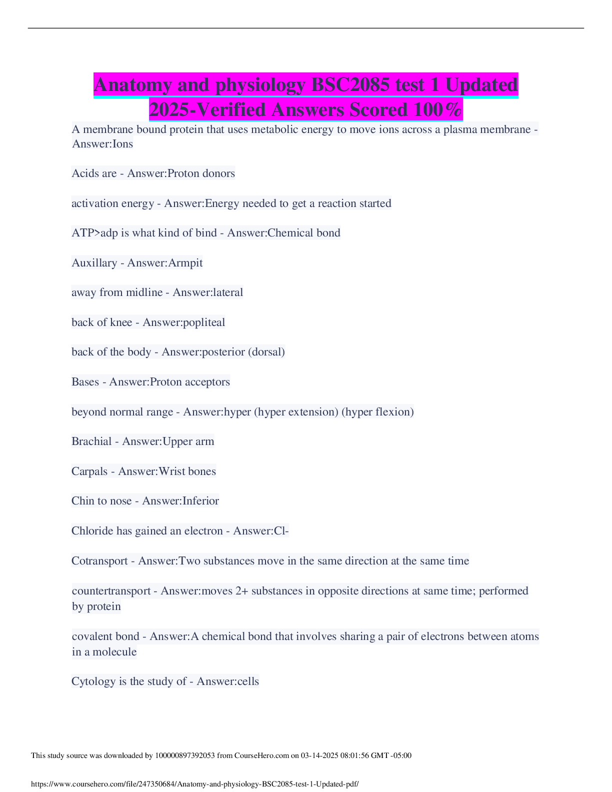 Preview of Anatomy and physiology BSC2085 test 1 Updated 2025-Verified Answers Scored 100%