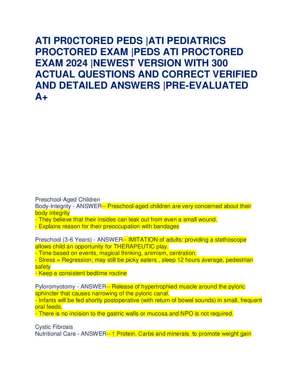 Preview of ATI PR0CTORED PEDS ATI PEDIATRICS PROCTORED EXAM PEDS ATI PROCTORED EXAM 2024 NEWEST VERSI