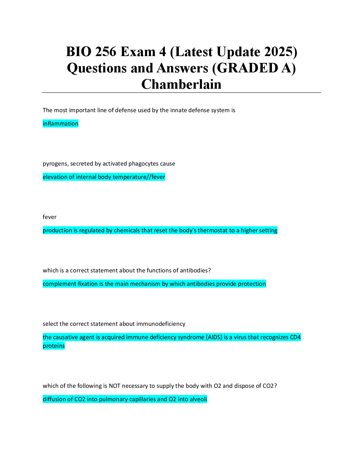 Preview of BIO 256 Exam 4 (Latest Update 2025) Questions and Answers (GRADED A) Chamberlain