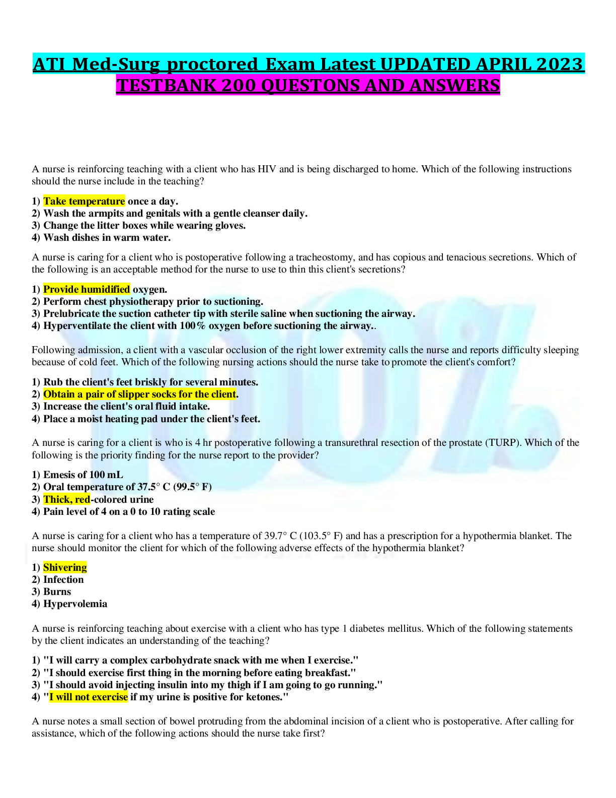 Recommended document preview for ATI Med-Surg proctored Exam Latest UPDATED APRIL 2023 TESTBANK 200 QUESTONS AND ANSWERS