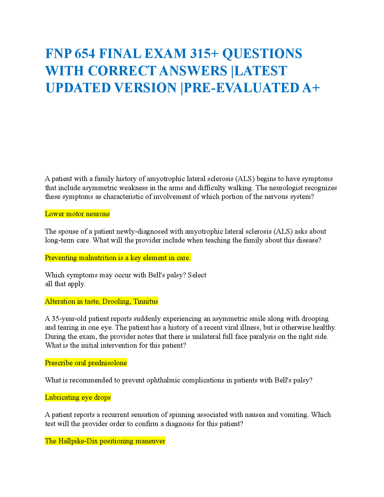 Preview of FNP 654 FINAL EXAM 315+ QUESTIONS WITH CORRECT ANSWERS LATEST UPDATED VERSION PRE-EVALUATE