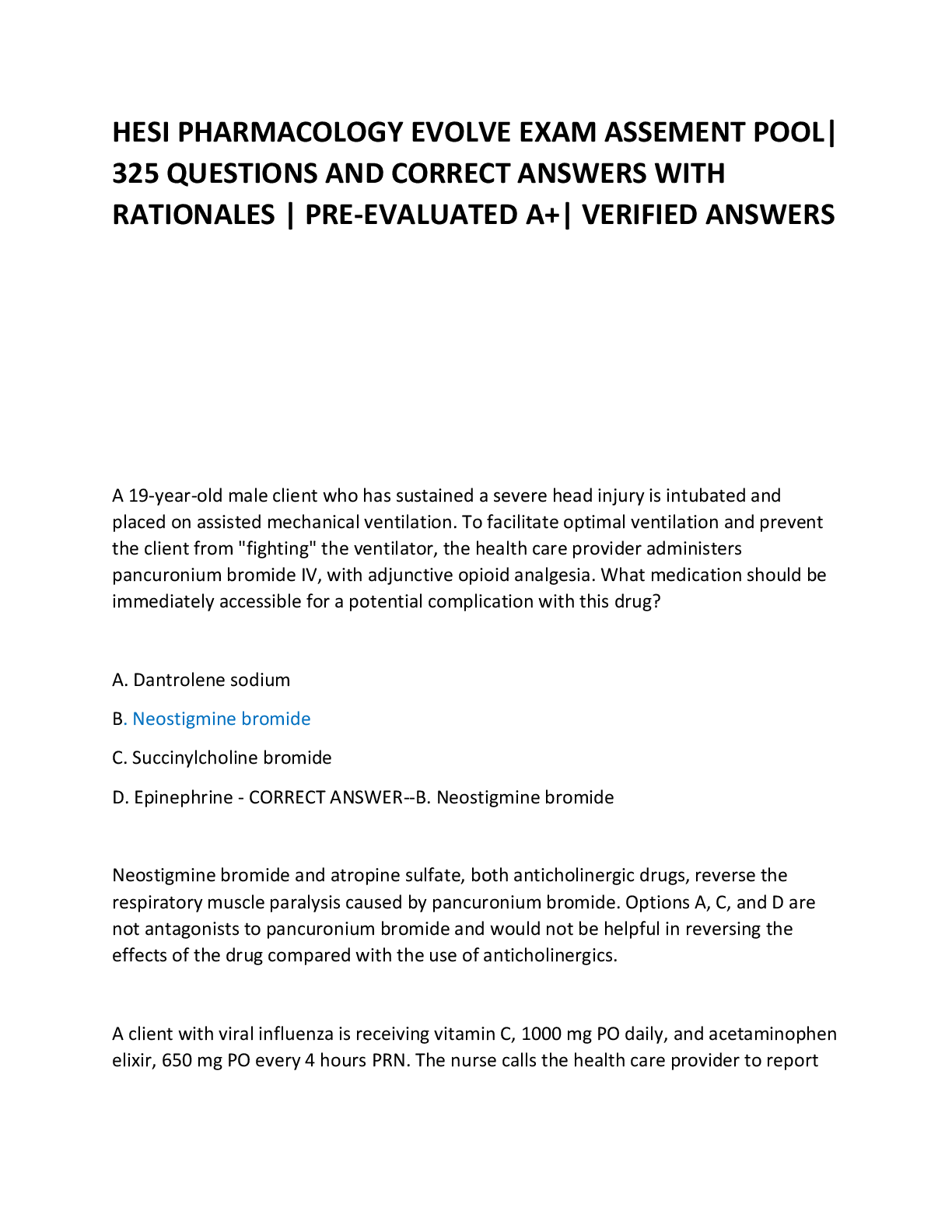 Preview of HESI PHARMACOLOGY EVOLVE EXAM ASSEMENT POOL 325 QUESTIONS AND CORRECT ANSWERS WITH RATIONA