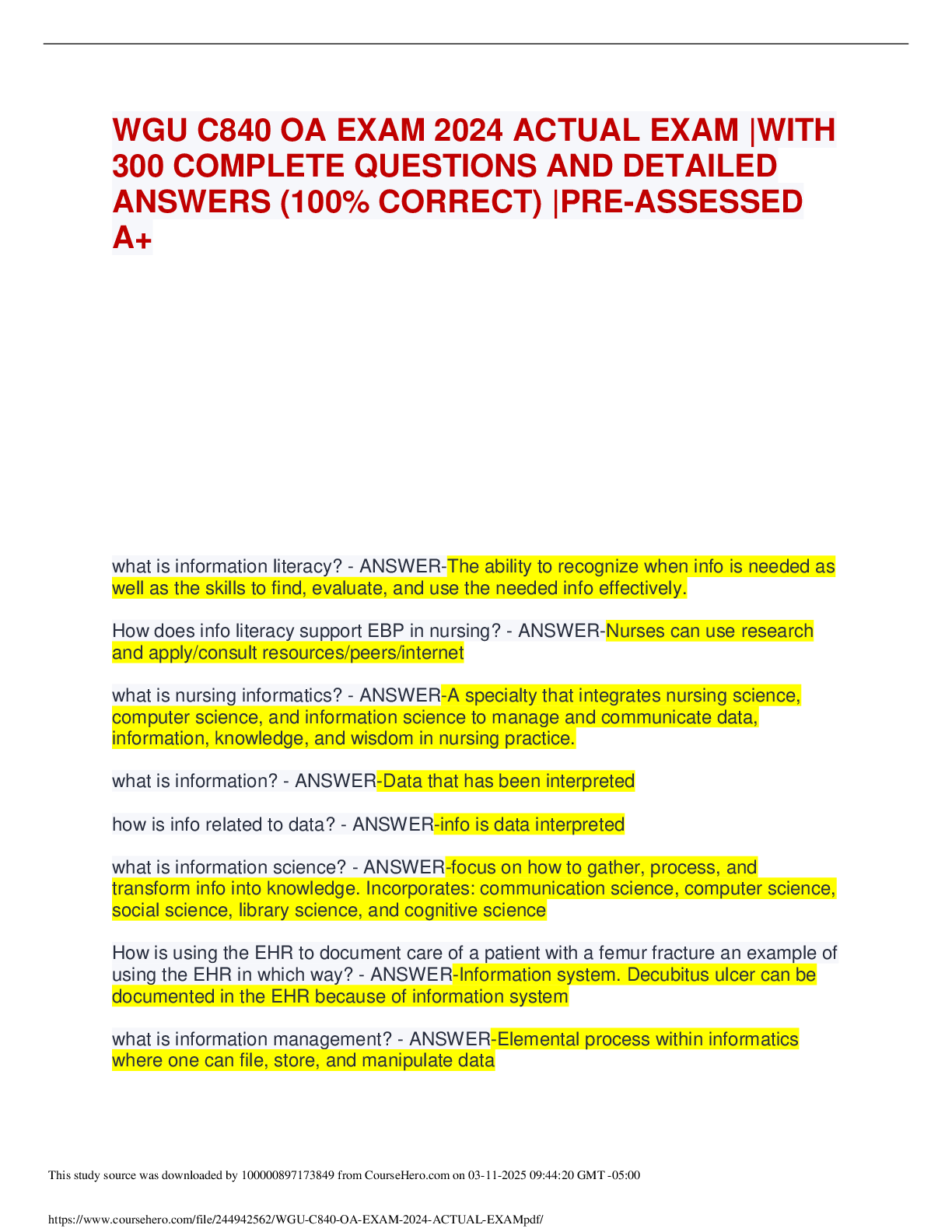 Preview of WGU C840 OA EXAM 2024 ACTUAL EXAM WITH 300 COMPLETE QUESTIONS AND DETAILED ANSWERS (100% C