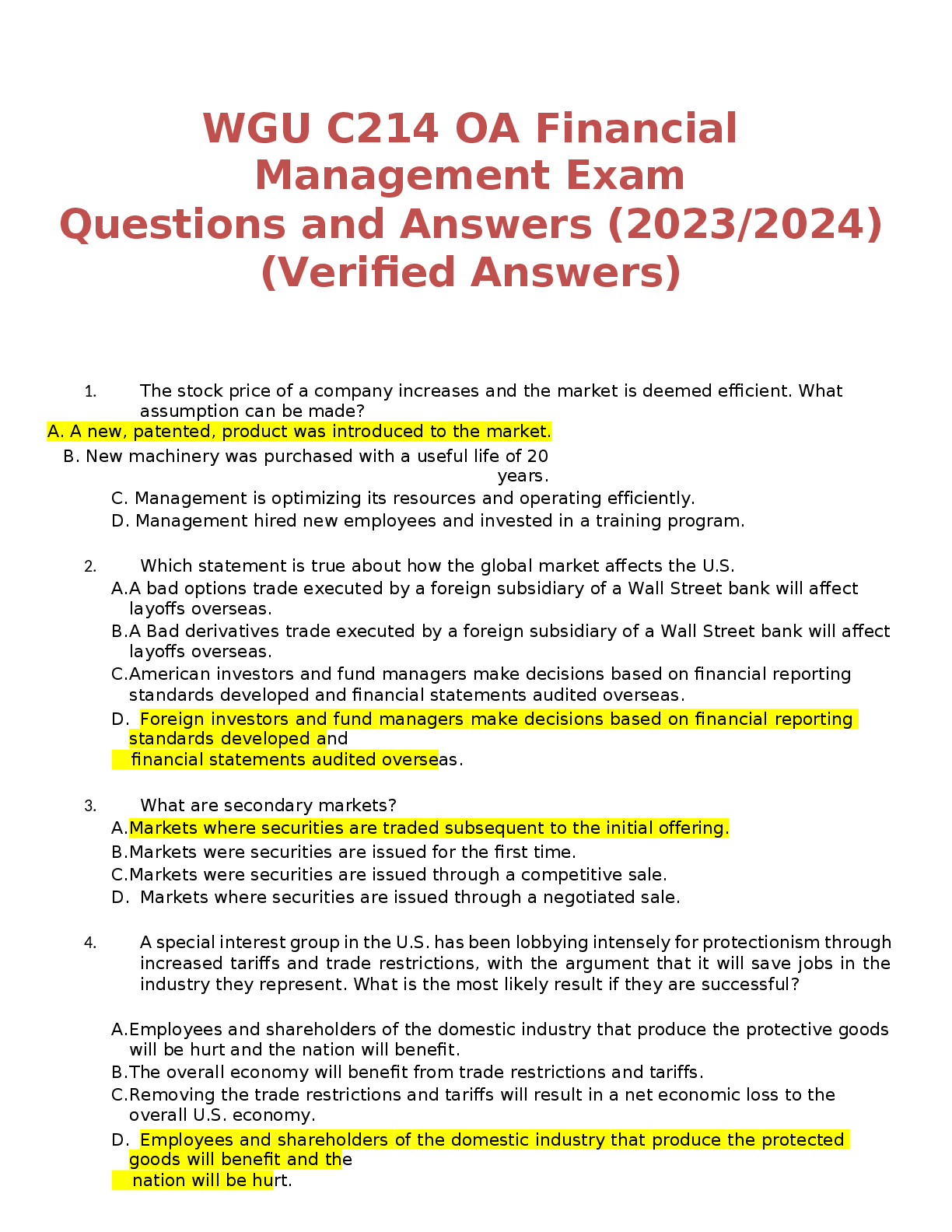 Preview of WGU C214 OA Financial Management Exam Questions and Answers (2023-2024) (Verified Answers)