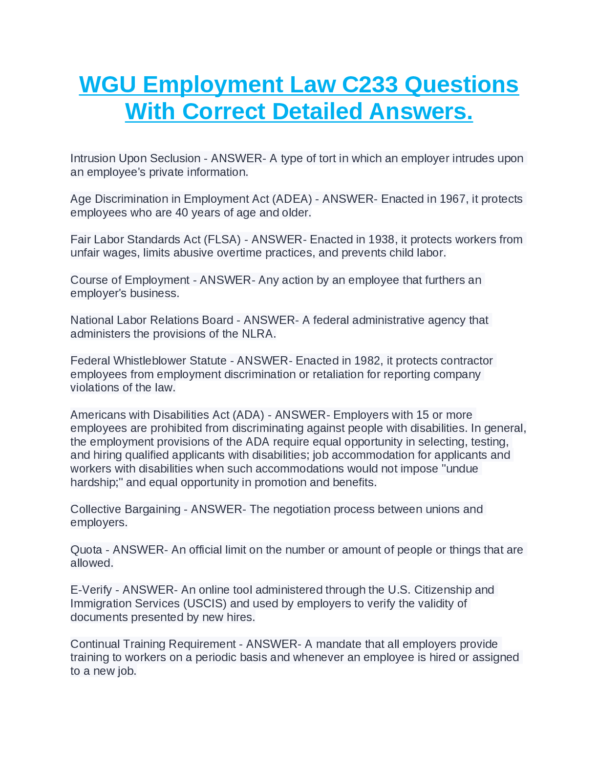 Preview of WGU Employment Law C233 Questions With Correct Detailed Answers