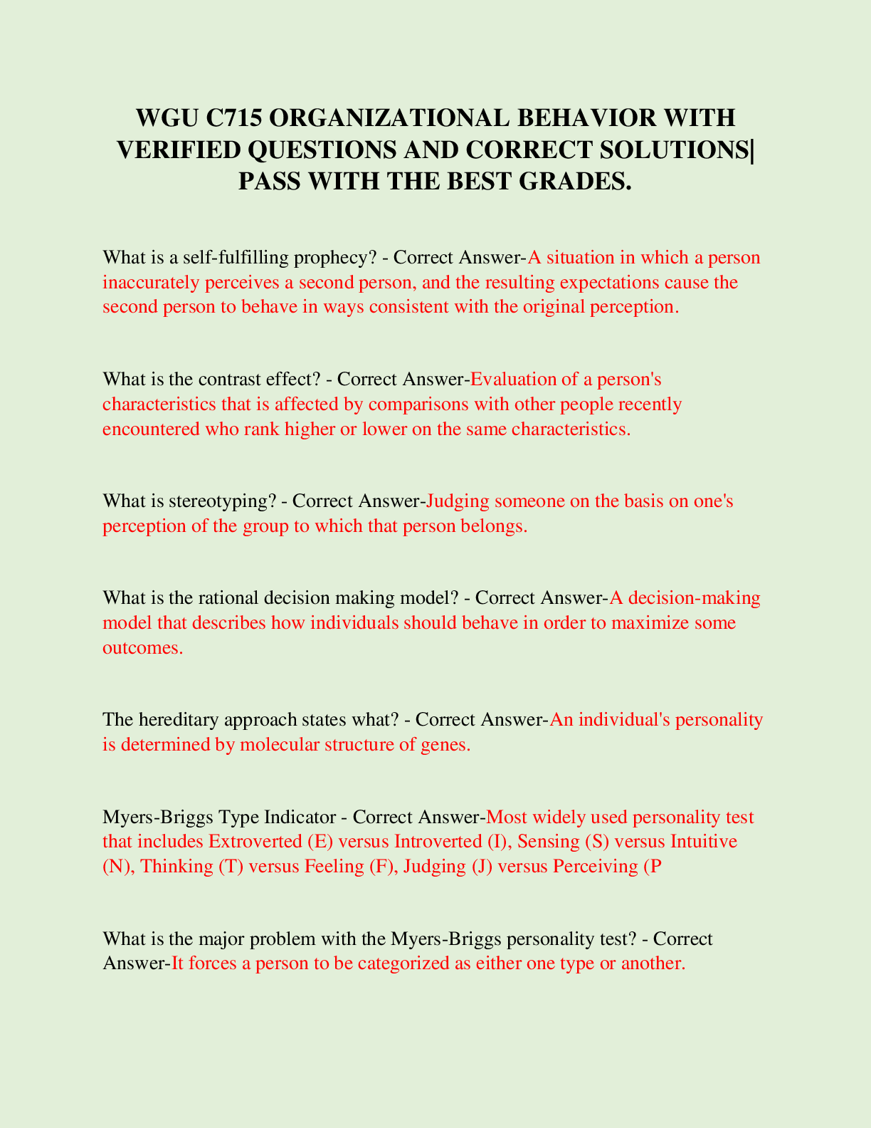 Preview of WGU C715 ORGANIZATIONAL BEHAVIOR WITH VERIFIED QUESTIONS AND CORRECT SOLUTIONS PASS WITH T