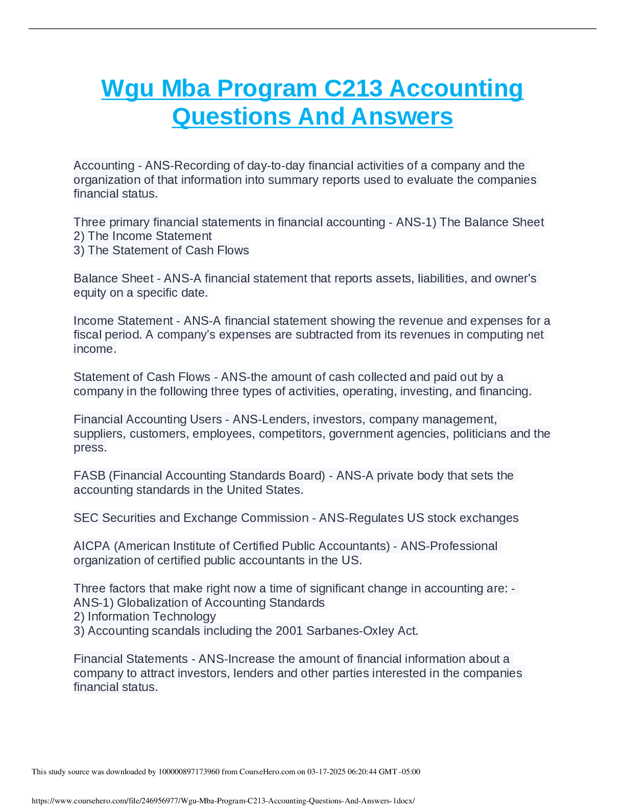 Preview of Wgu Mba Program C213 Accounting Questions And Answers