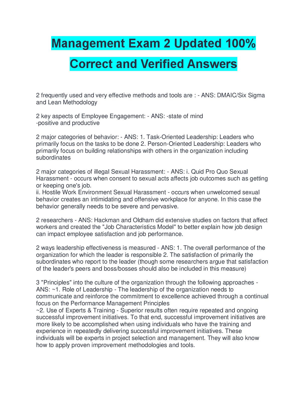 Recommended document preview for Management Exam 2 Updated 100% Correct and Verified Answers