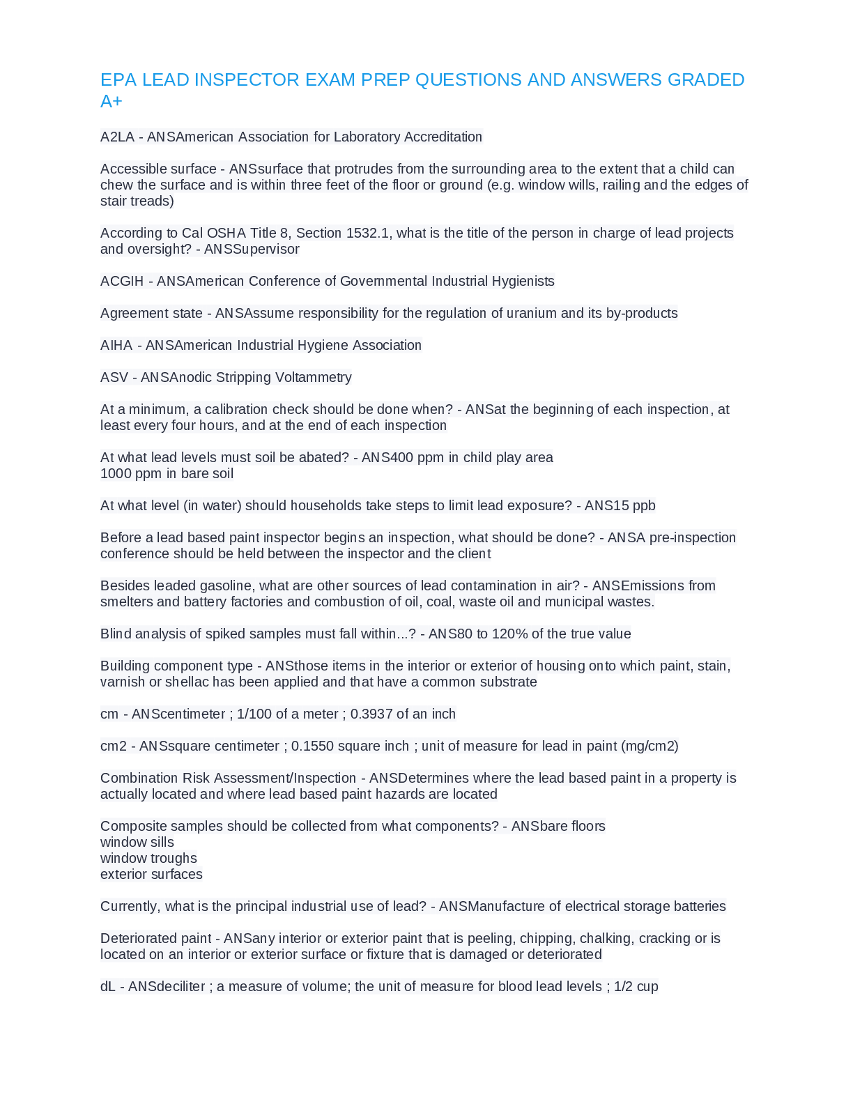 Preview of EPA LEAD INSPECTOR EXAM PREP QUESTIONS AND ANSWERS GRADED A+