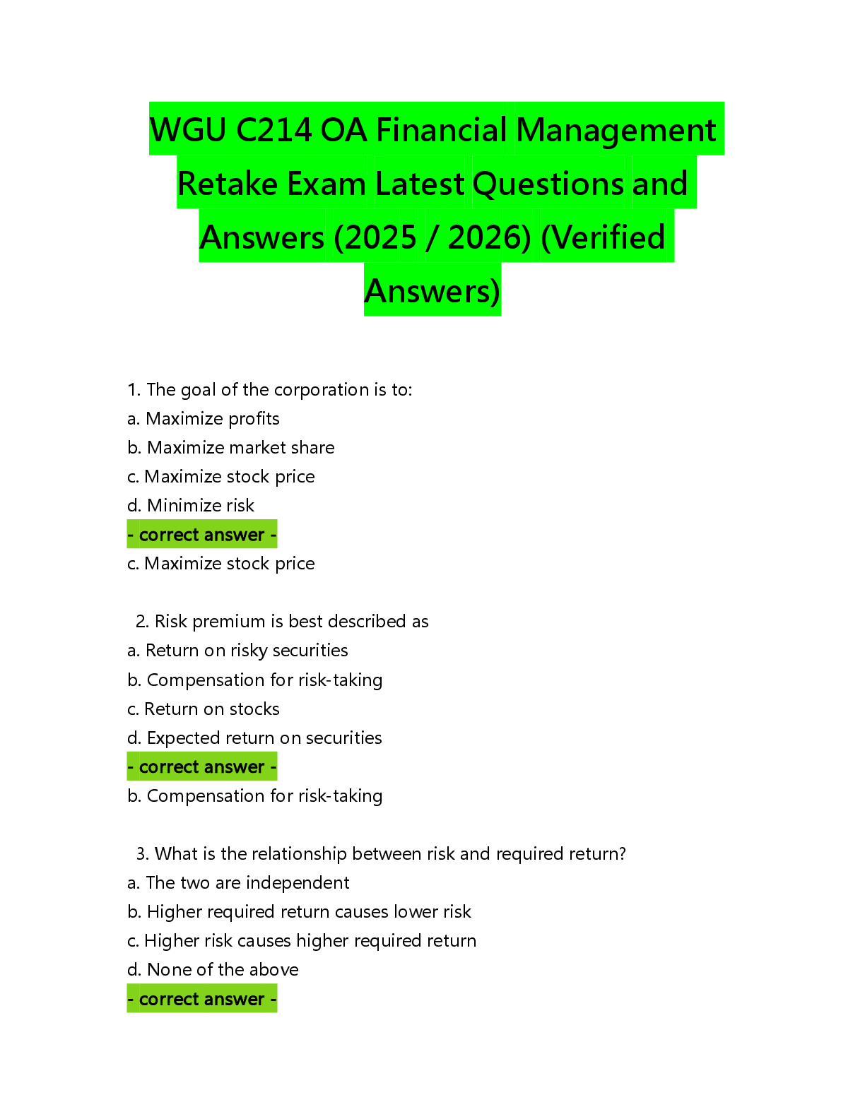Preview of WGU C214 OA Financial Management Retake Exam Latest Questions and Answers (2025  2026) (Ve