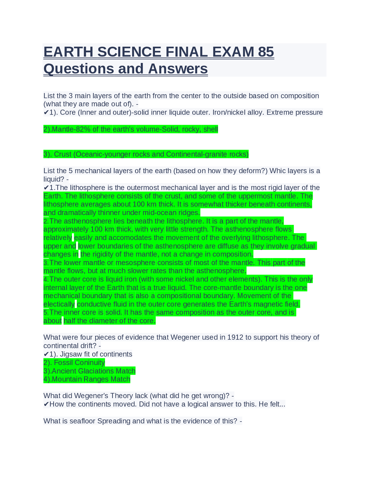 Preview of EARTH SCIENCE FINAL EXAM 85 Questions and Answers