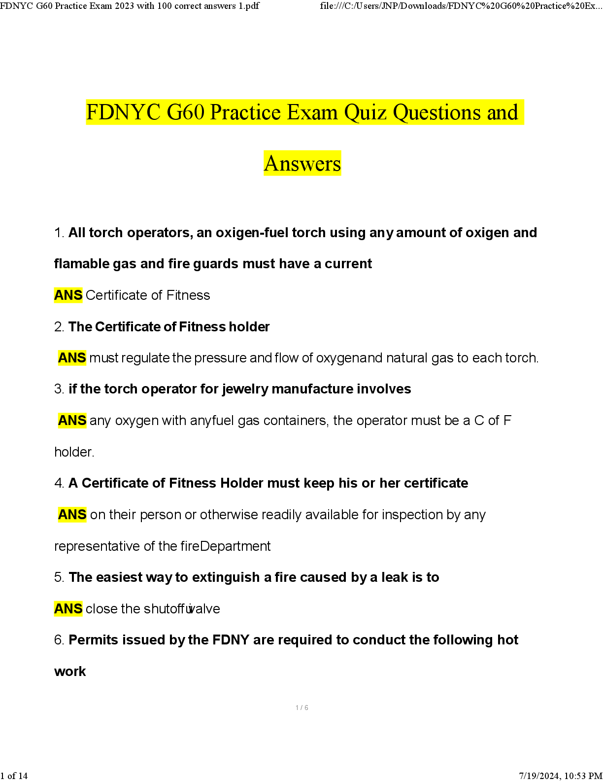 Preview of FDNYC G60 Practice Exam Quiz Questions and Answers