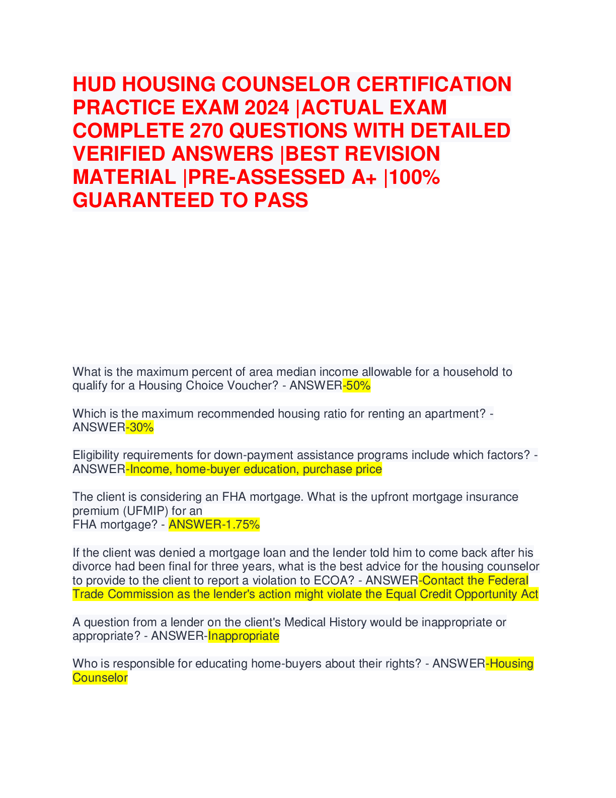 Preview of HUD HOUSING COUNSELOR CERTIFICATION PRACTICE EXAM 2024 ACTUAL EXAM COMPLETE 270 QUESTIONS