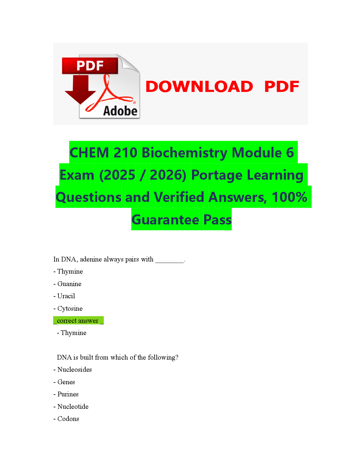 Preview of CHEM 210 Biochemistry Module 6 Exam (2025  2026) Portage Learning Questions and Verified Answers, 100% Guarantee Pass