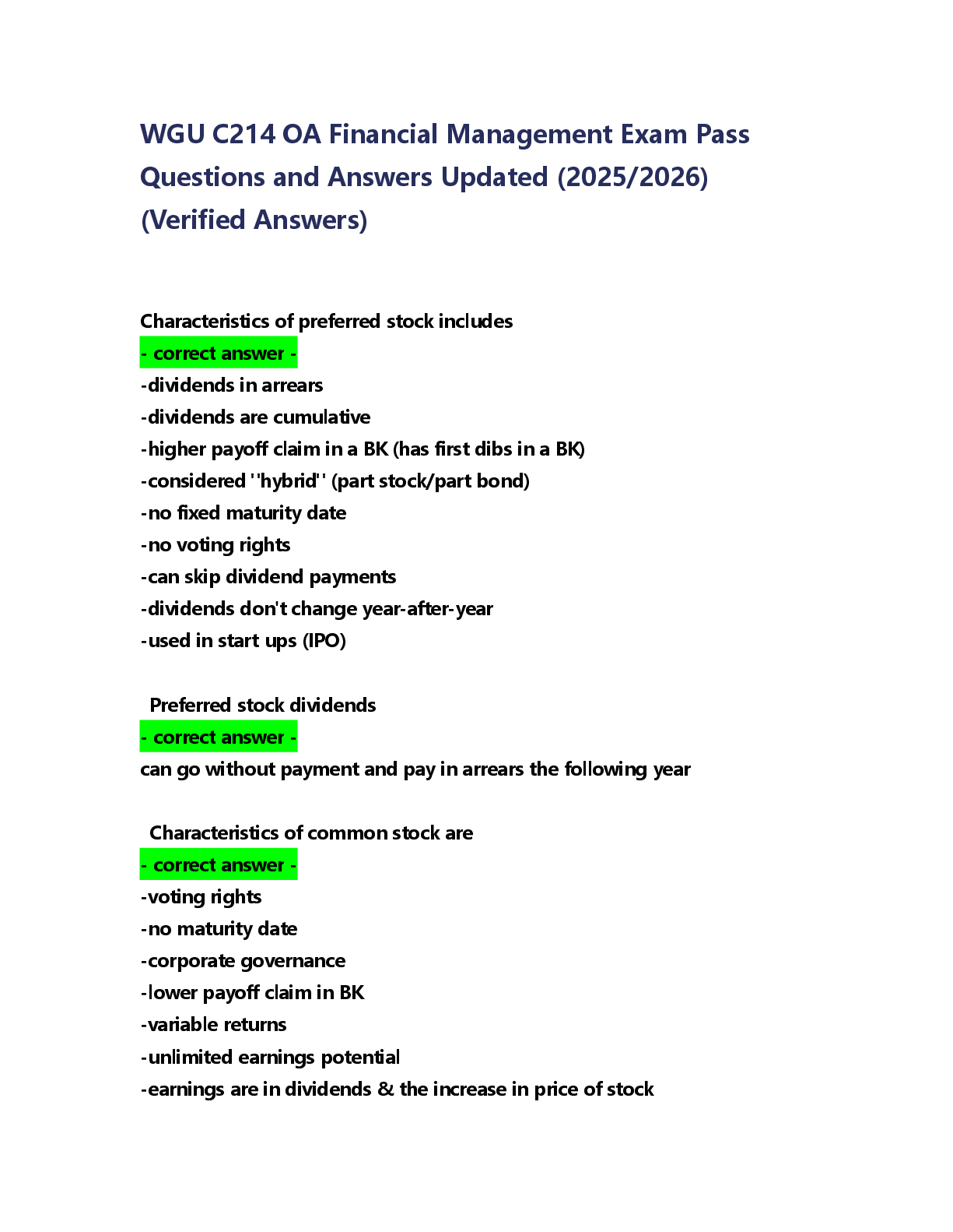 Preview of WGU C214 OA Financial Management Exam Pass Questions and Answers Updated (2025 2026) (Veri