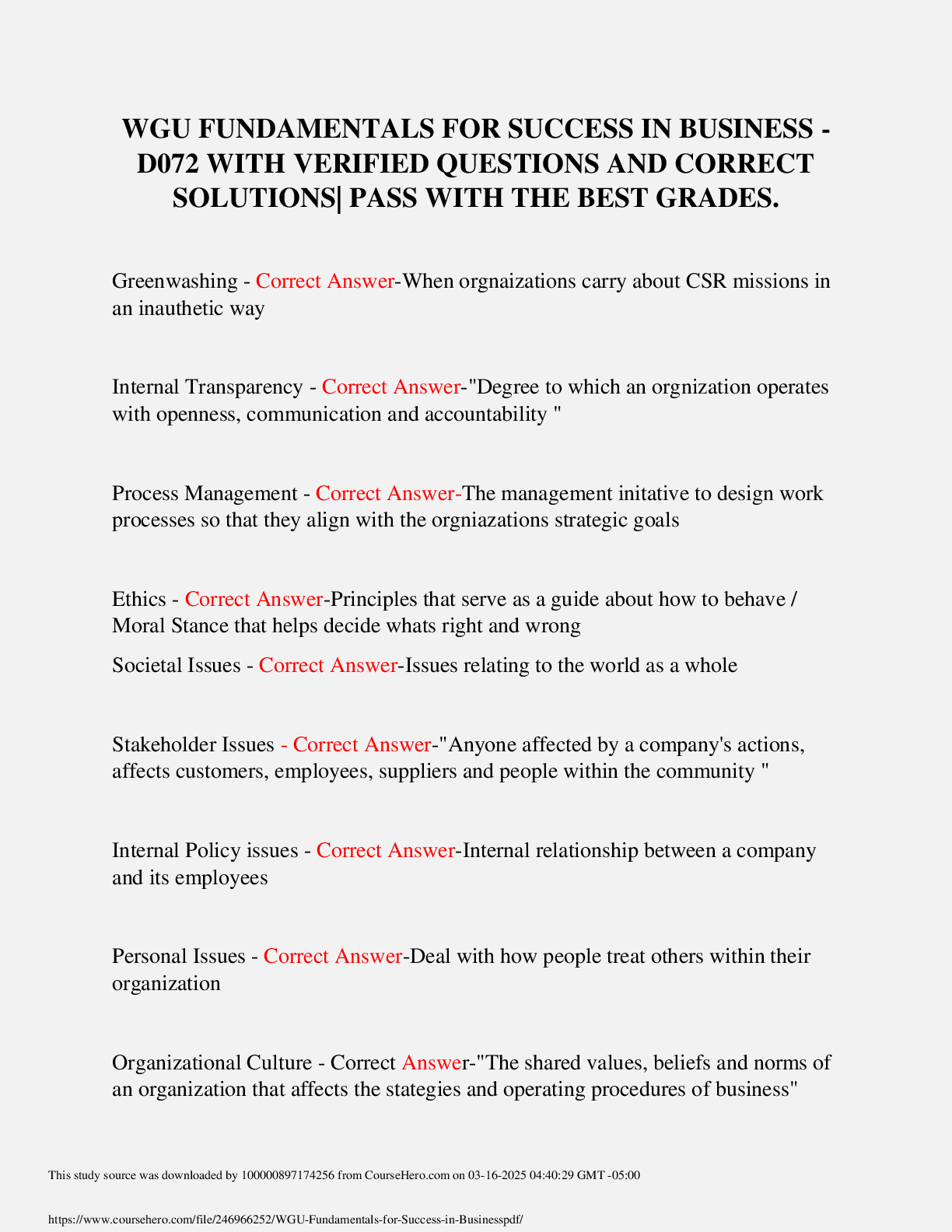 Recommended document preview for WGU FUNDAMENTALS FOR SUCCESS IN BUSINESS - D072 WITH VERIFIED QUESTIONS AND CORRECT SOLUTIONS PASS WITH THE BEST GRADES.