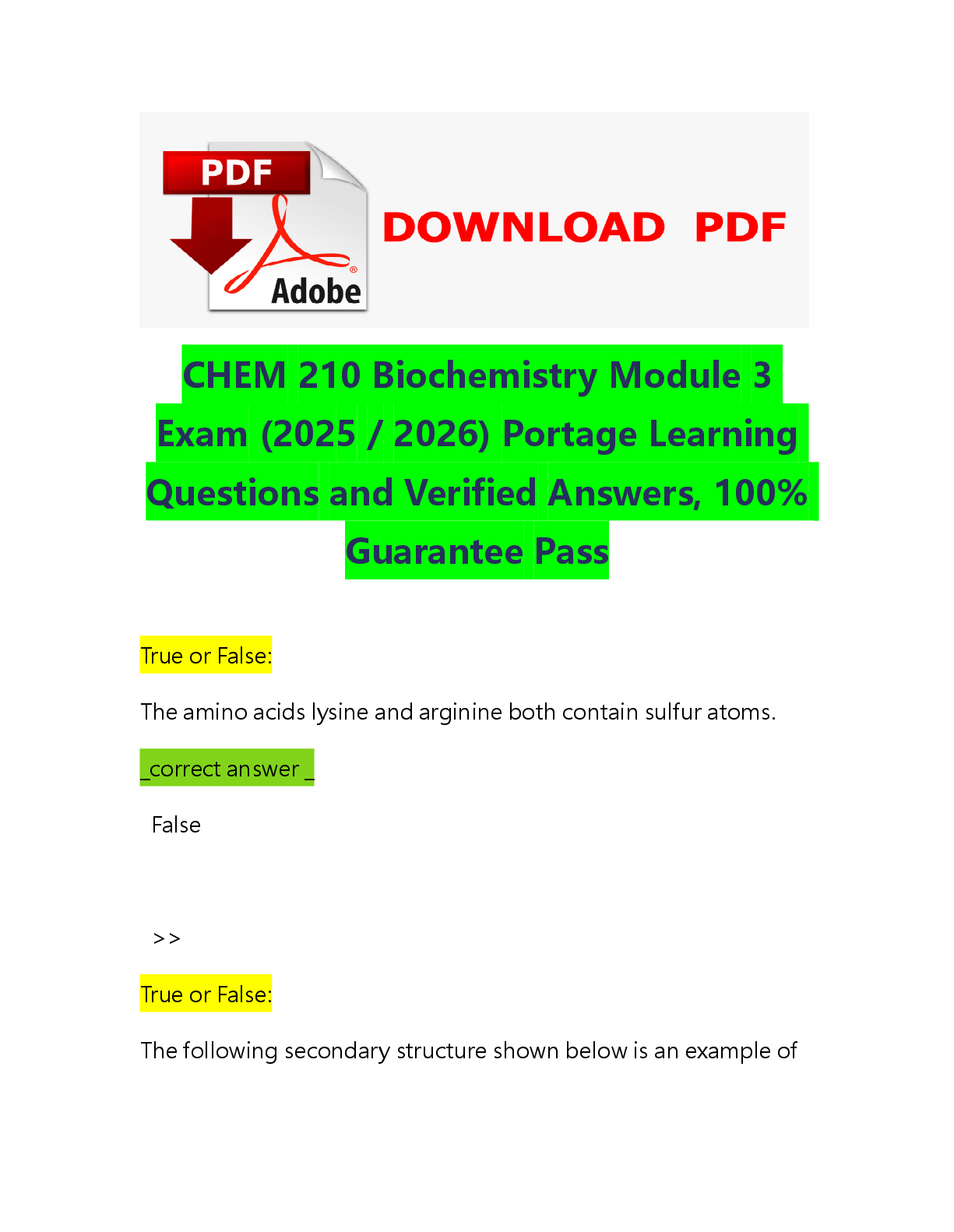Preview of CHEM 210 Biochemistry Module 3 Exam (2025  2026) Portage Learning Questions and Verified Answers, 100% Guarantee Pass