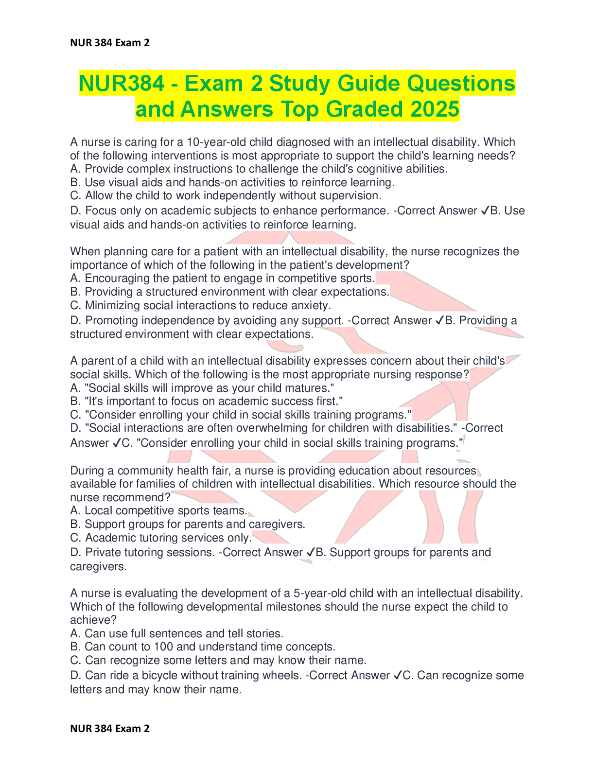 Preview of NUR384 - Exam 2 Study Guide Questions and Answers Top Graded 2025