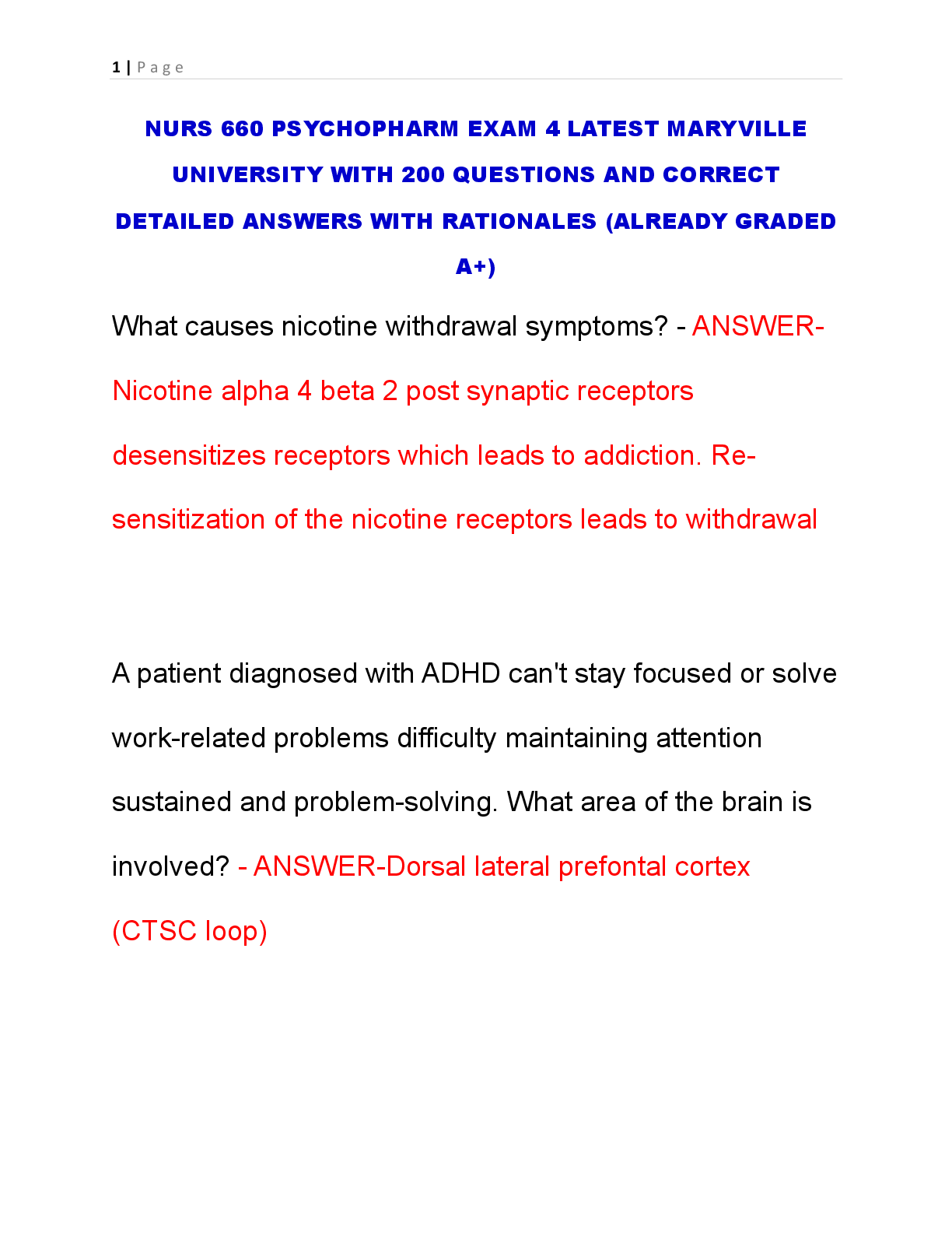 Preview of NURS 660 PSYCHOPHARM EXAM 4 LATEST MARYVILLE UNIVERSITY WITH 200 QUESTIONS AND CORRECT DET