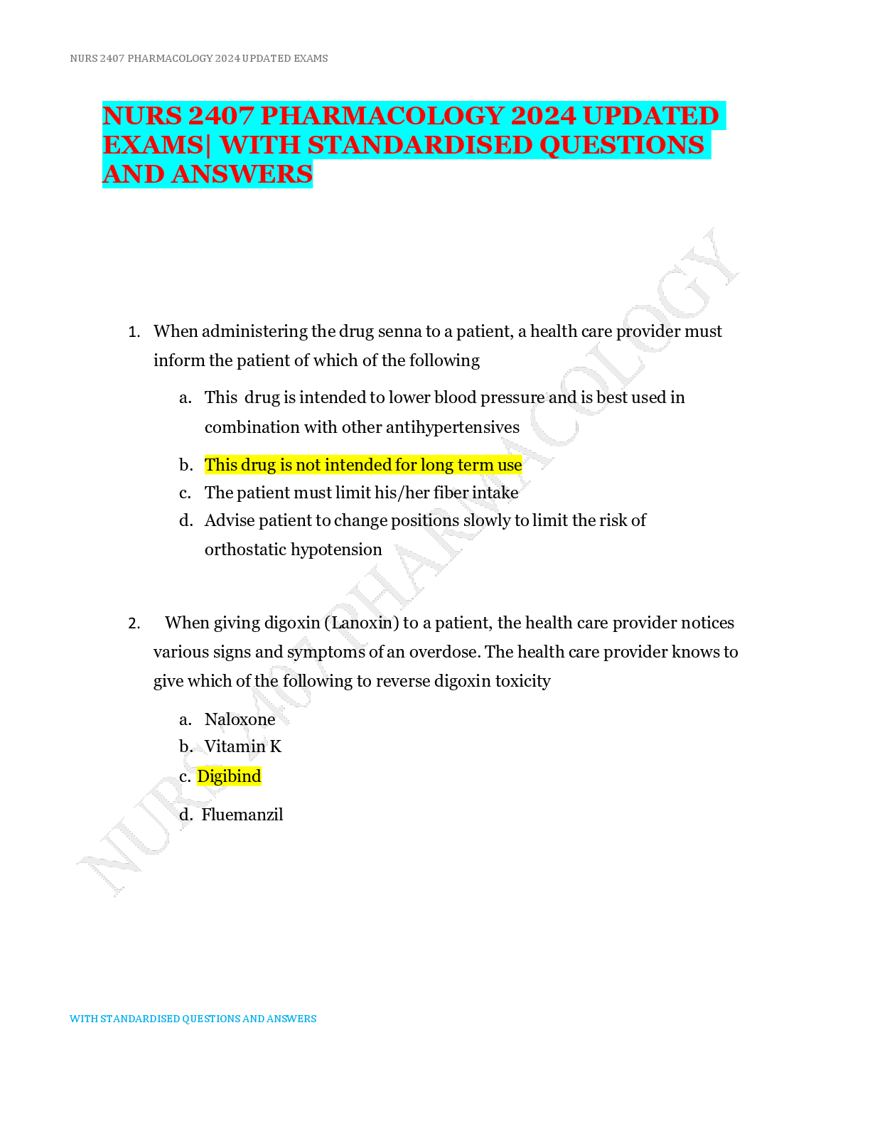 Preview of NURS 2407 PHARMACOLOGY 2024 UPDATED EXAMS WITH STANDARDISED QUESTIONS AND ANSWERS