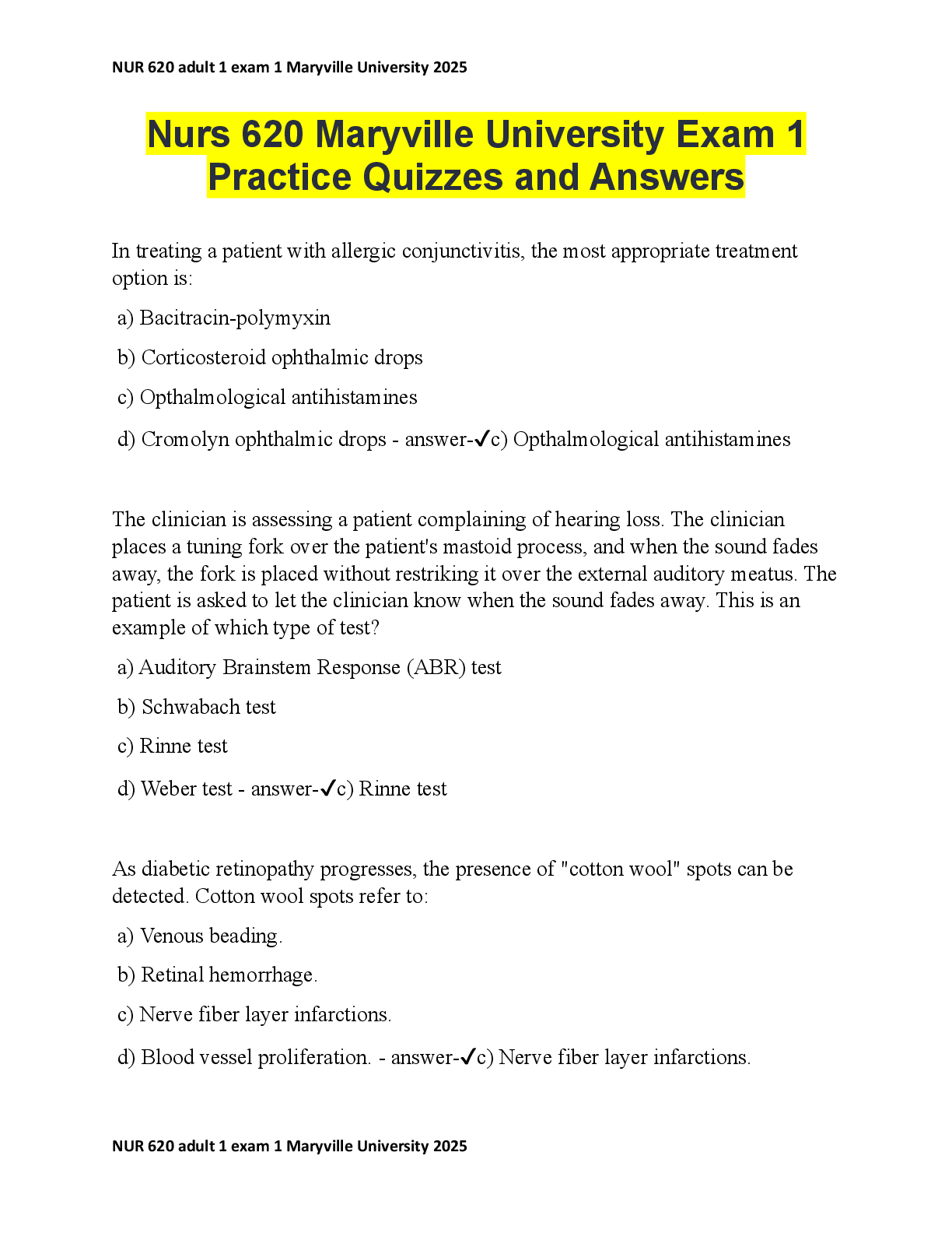 Preview of Nurs 620 Maryville University Exam 1 Practice Quizzes and Answers