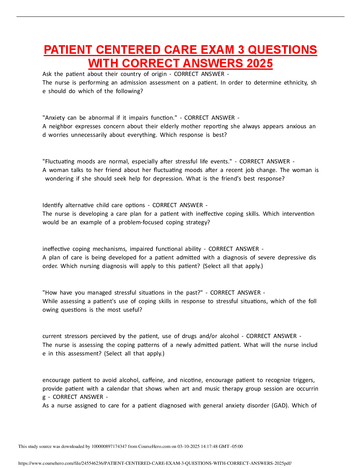 Preview of PATIENT CENTERED CARE EXAM 3 QUESTIONS WITH CORRECT ANSWERS 2025