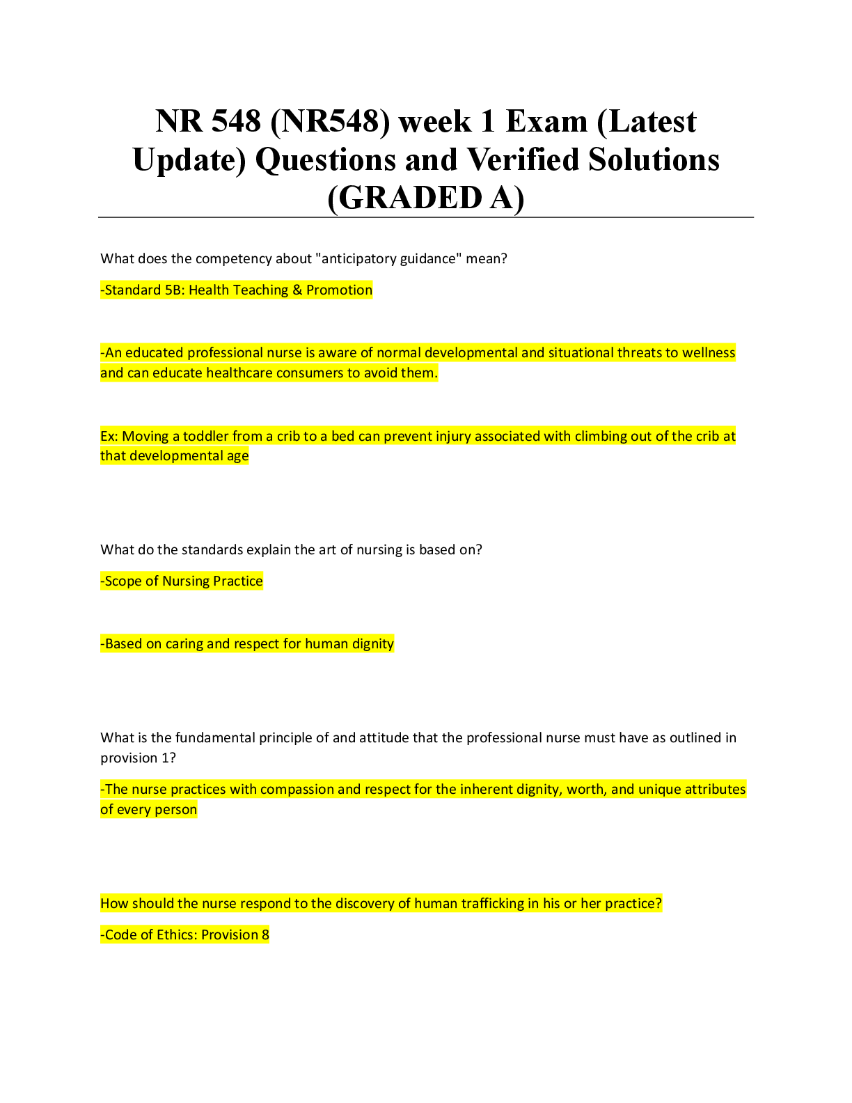 Preview of NR 548 (NR548) week 1 Exam (Latest Update) Questions and Verified Solutions (GRADED A)