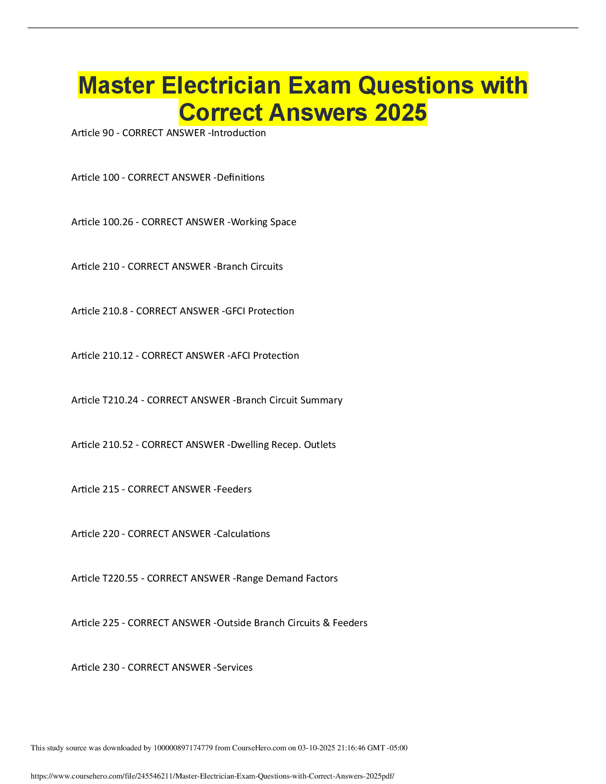 Preview of Master Electrician Exam Questions with Correct Answers 2025