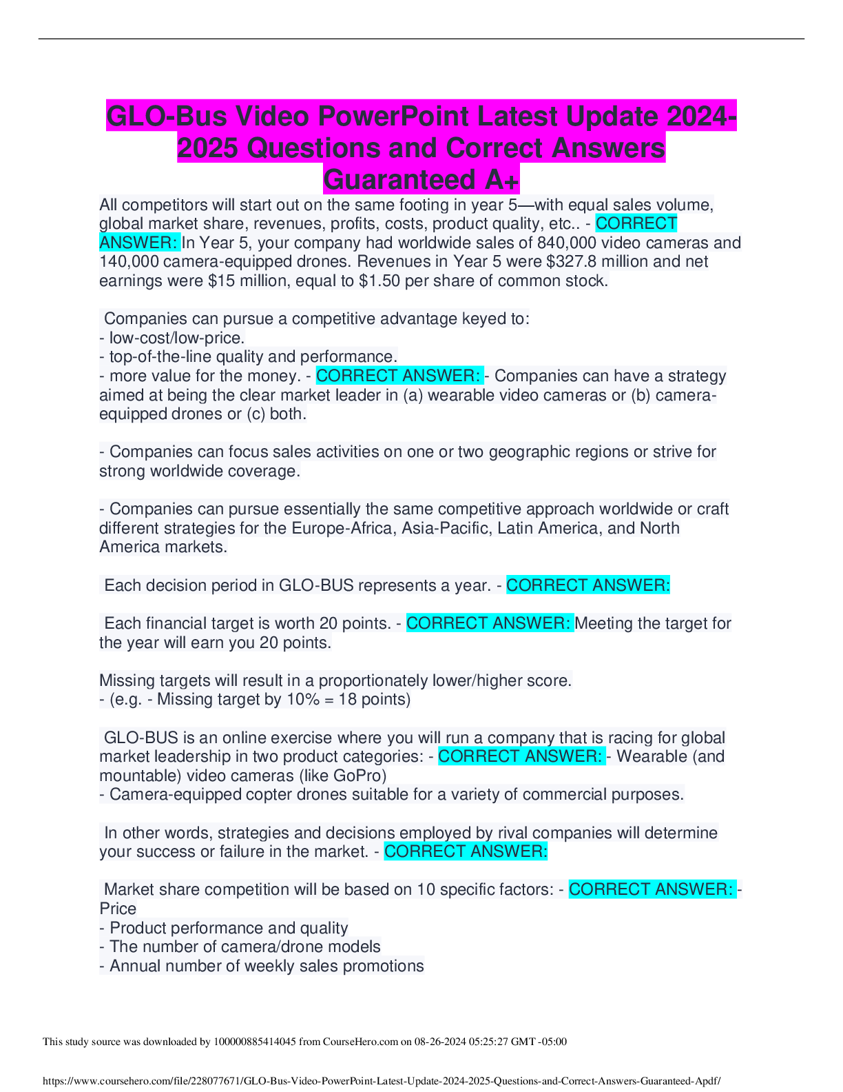 Preview image for GLO-Bus Video PowerPoint Latest Update 2024- 2025 Questions and Correct Answers Guaranteed A+