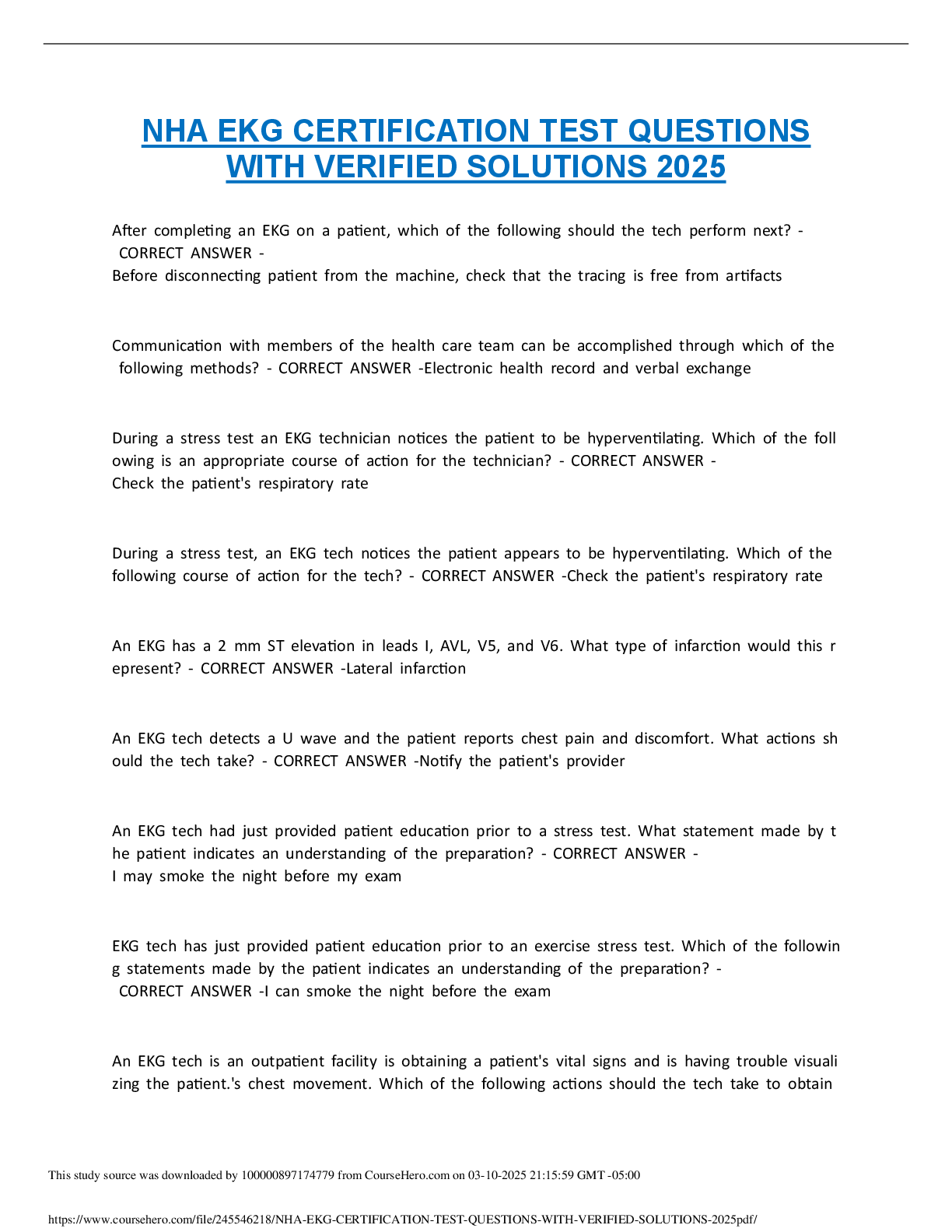Preview of NHA EKG CERTIFICATION TEST QUESTIONS WITH VERIFIED SOLUTIONS 2025