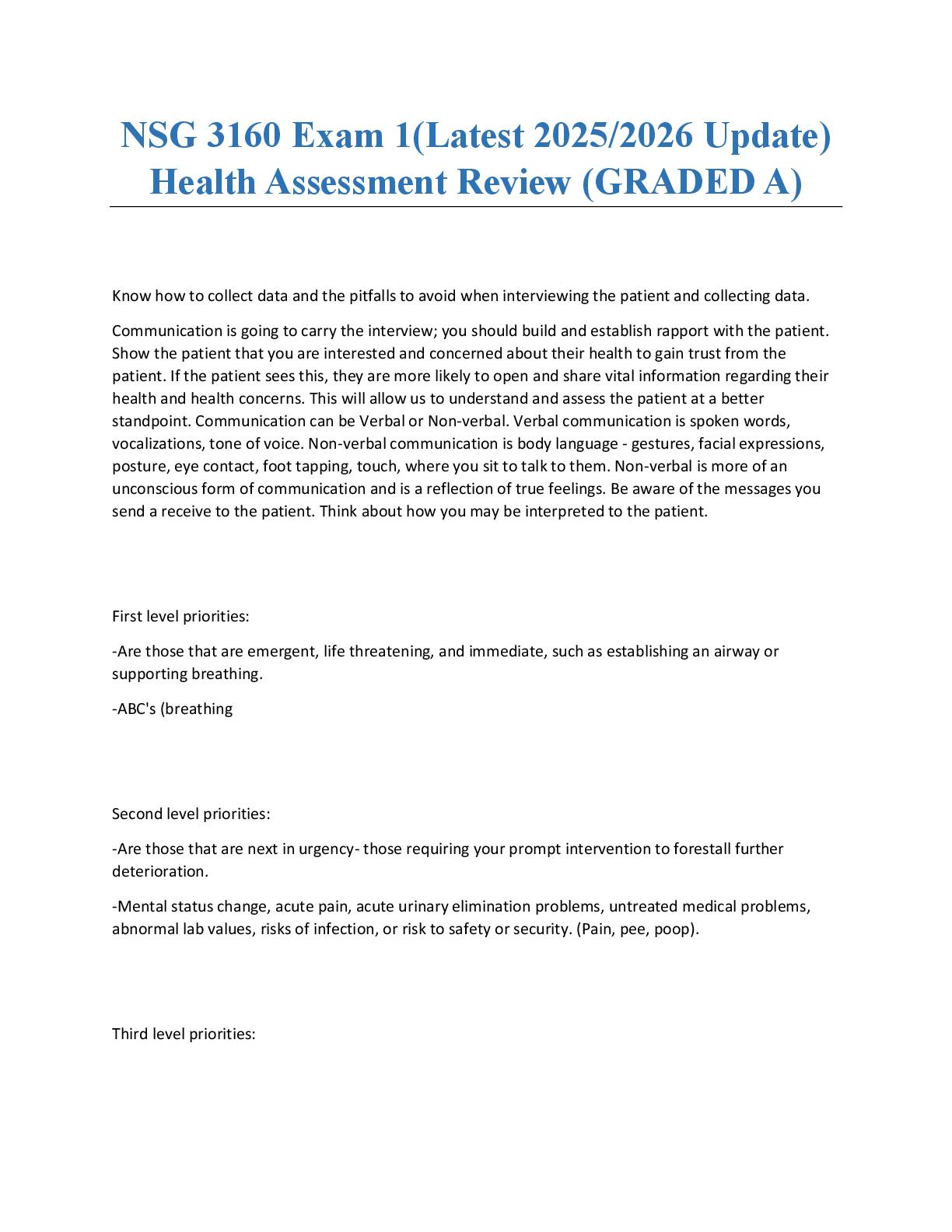 Recommended document preview for NSG 3160 Exam 1 (Latest 2025 2026 Update) Health Assessment Review (GRADED A)