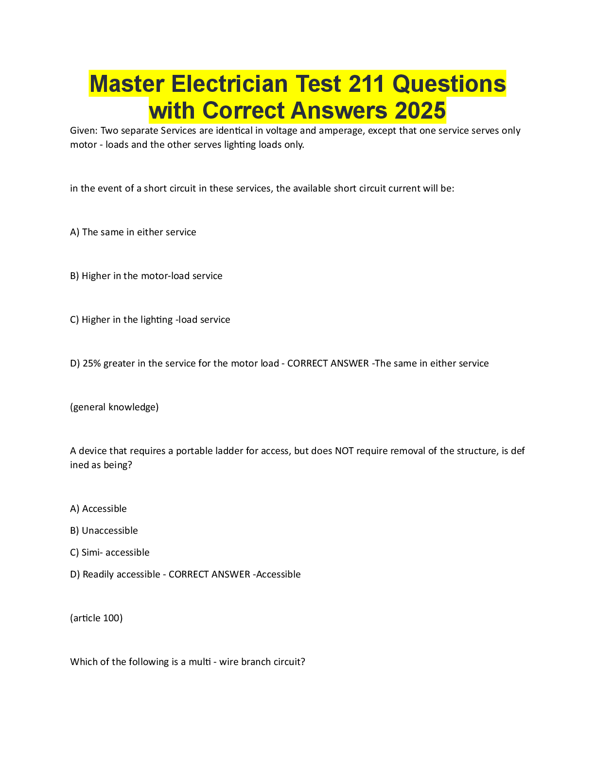 Master Electrician Test 211 Questions with Correct Answers 2025