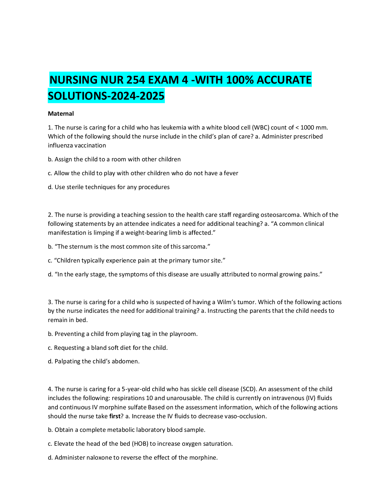 Preview of NURSING NUR 254 EXAM 4 -WITH 100% ACCURATE SOLUTIONS-2024-2025