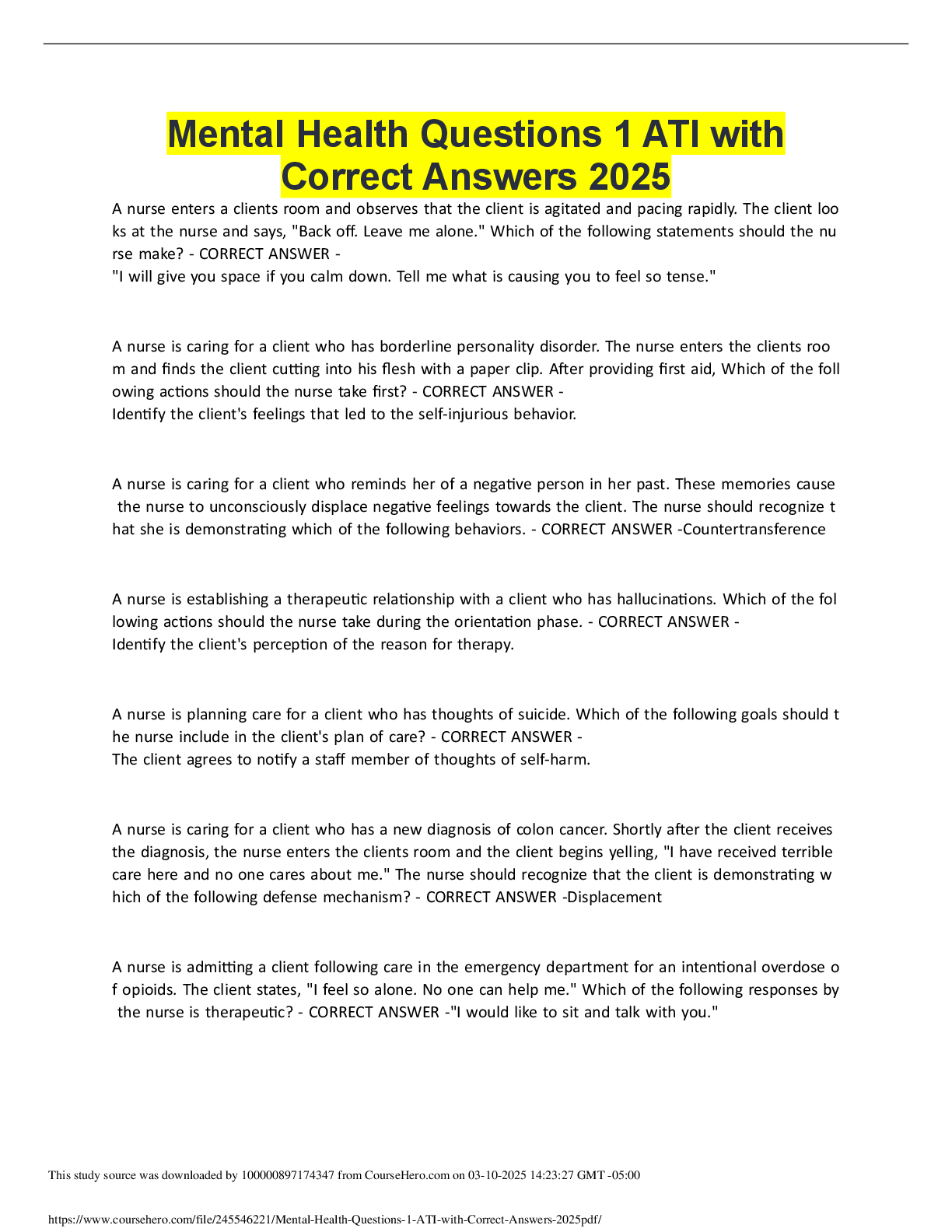 Preview of Mental Health Questions 1 ATI with Correct Answers 2025