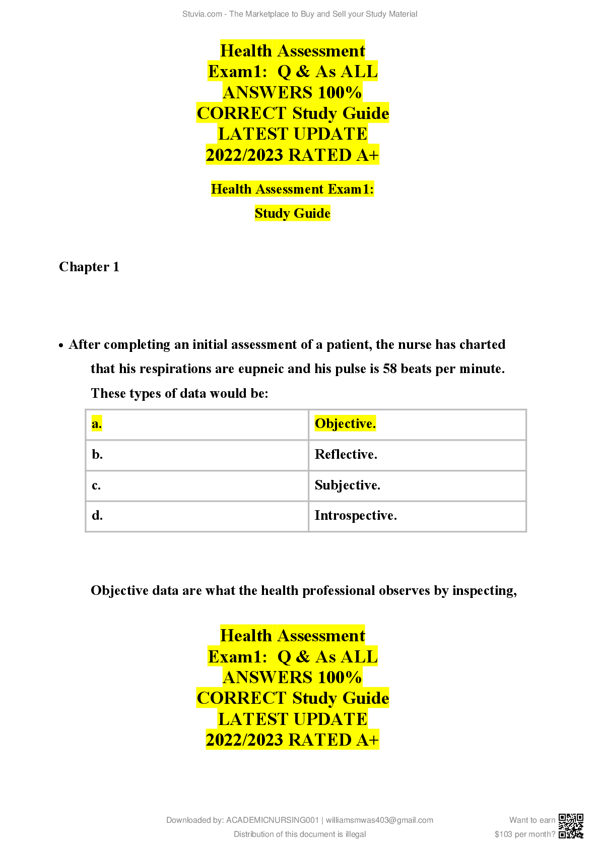 Preview image for Health Assessment Exam1 Q & As ALL